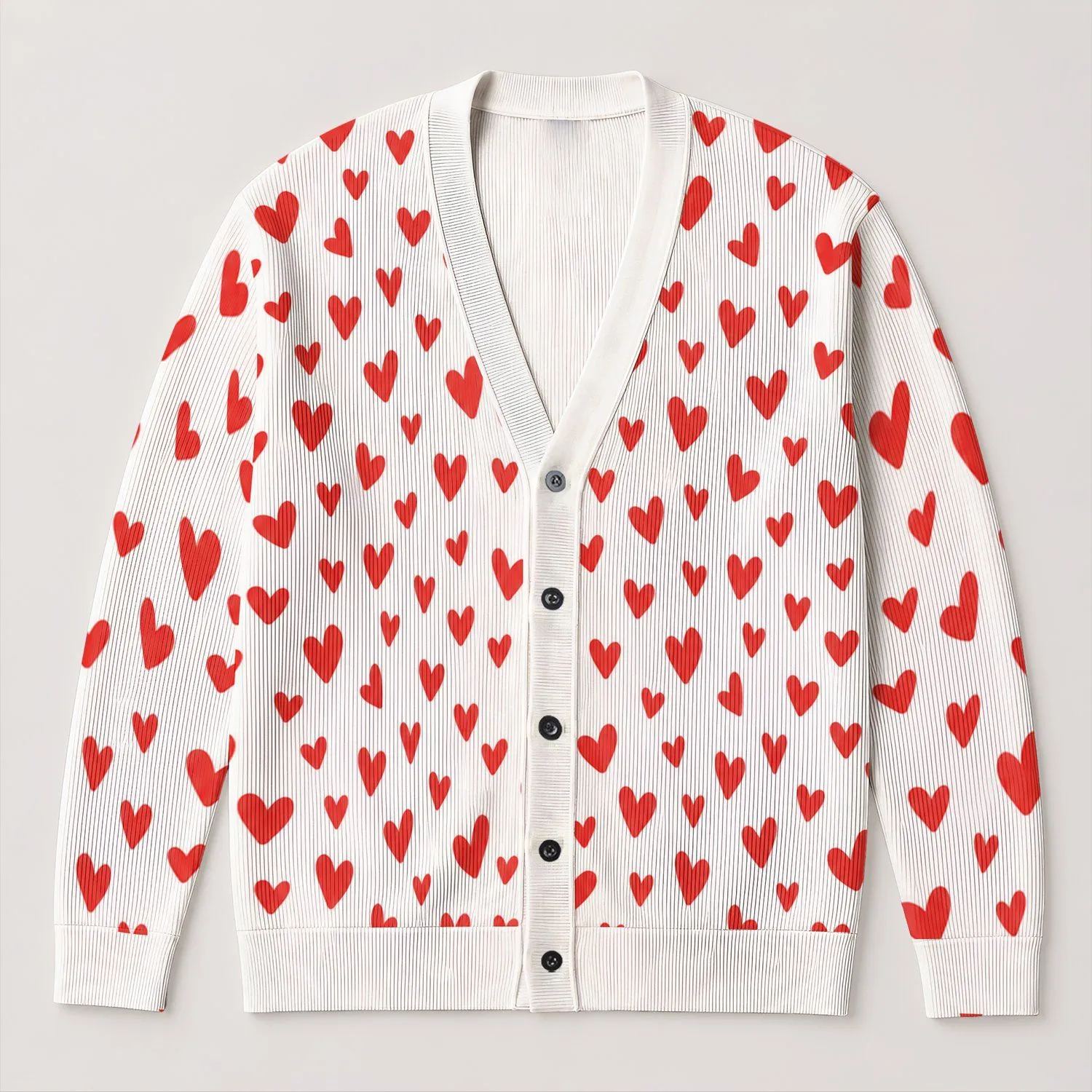 Women's Red Heart Motifs For Valentine's Day Cozy Layering, Casual Romance, And Gifting All-over Print Knitted Cardigan - 1