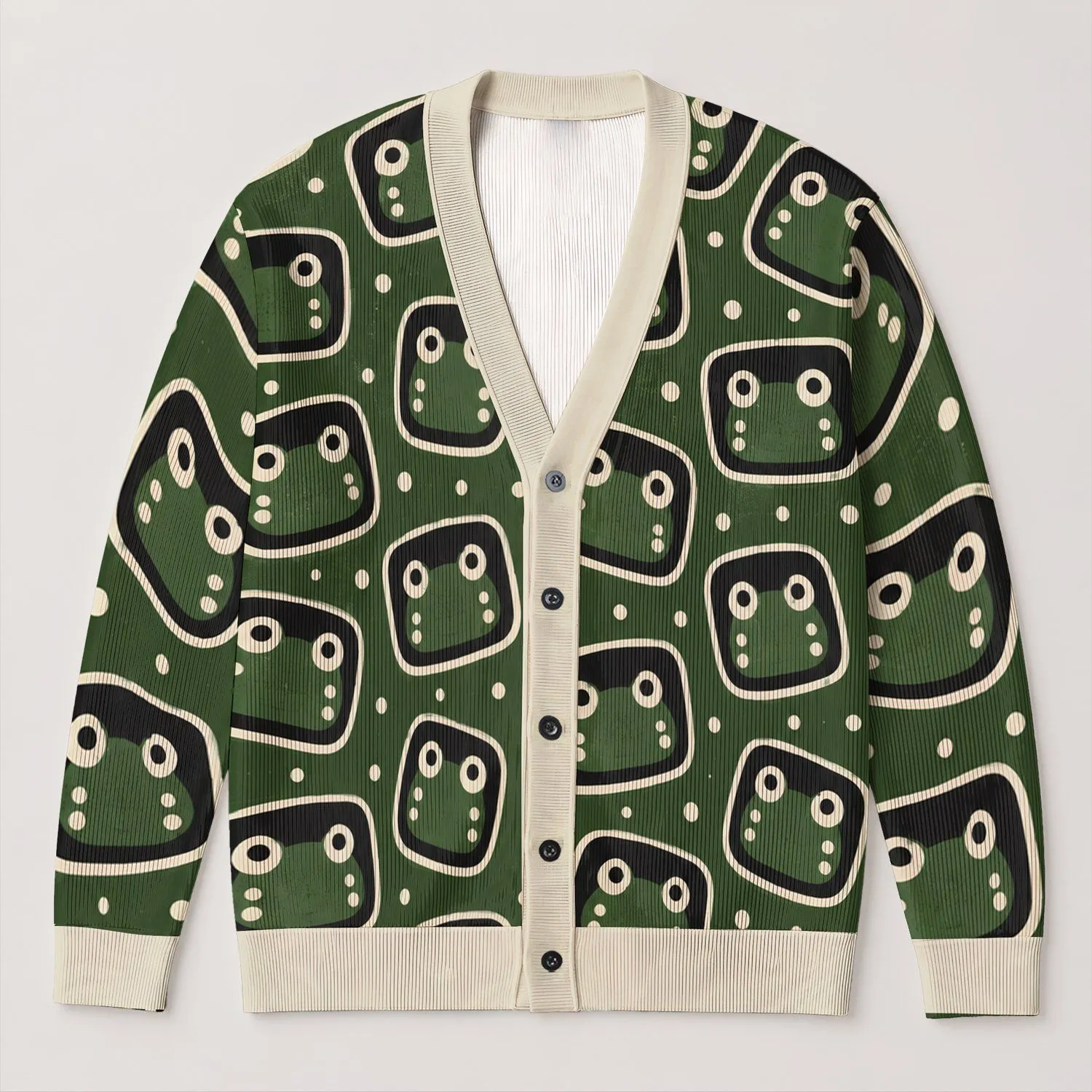 Green Frog Face Motifs for Casual Autumn Layering and Playful Youthful Street Style All-over Print Knitted Cardigan - 1