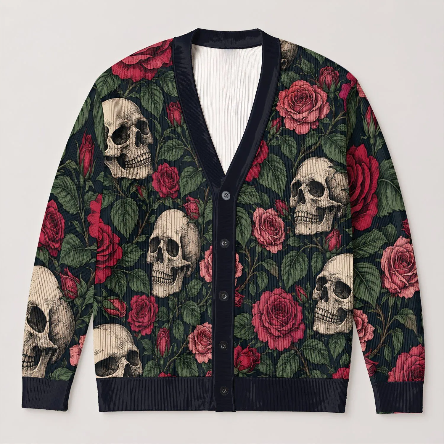 Skull Rose Botanical Motifs for Autumn Layering, Alternative Women's Gothic Style All-over Print Knitted Cardigan - 1