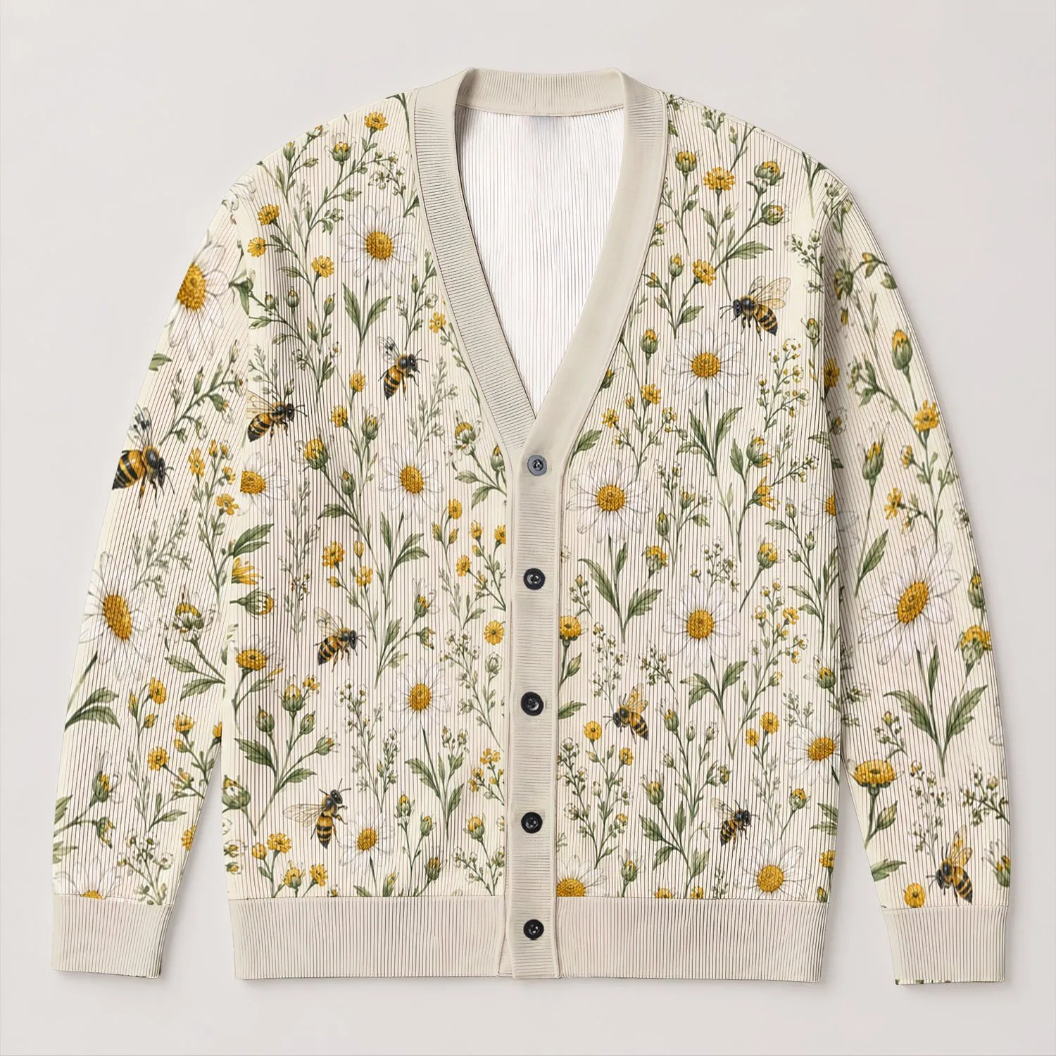 Daisy Bee Meadow Motif for Cottagecore Layering, Garden Walks, and Everyday Spring Style All-over Print Knitted Cardigan - 1