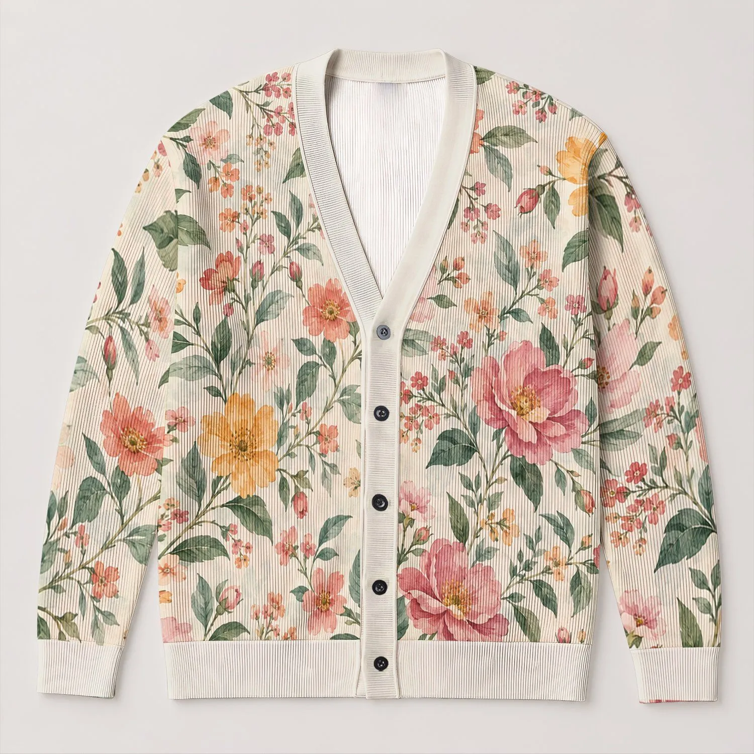 Watercolor Floral Garden for Easy Spring Layering, Romantic Everyday Style for Her All-over Print Knitted Cardigan - 1