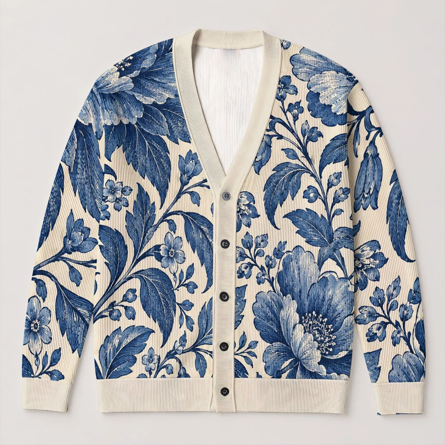 Navy Blue Floral Leaves for Relaxed Everyday Layering and Cottage Garden Style Wardrobe All-over Print Knitted Cardigan - 1