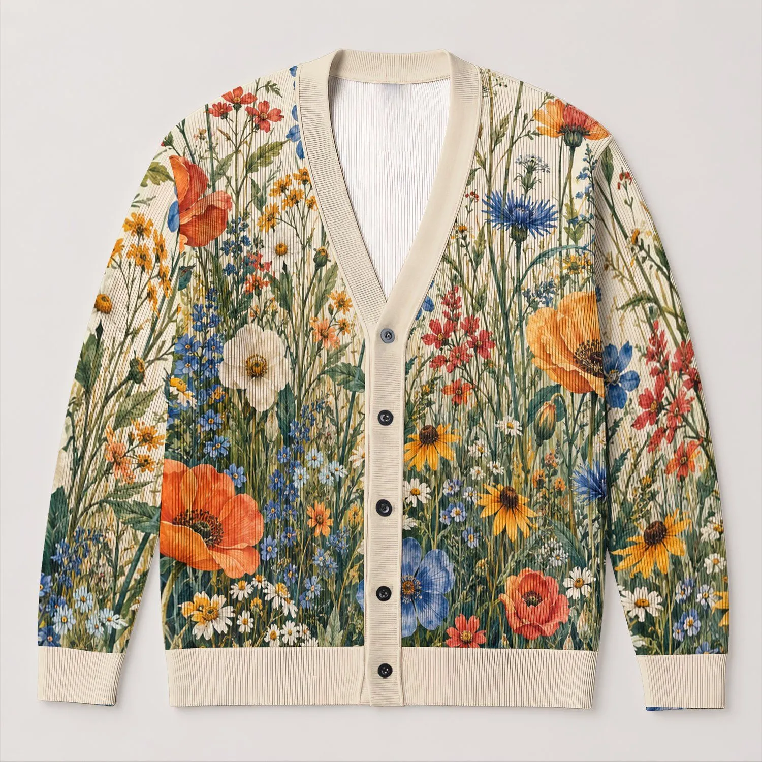 Colorful Wildflower Meadow Botanical Motifs For Relaxed Weekend Layering, Nature Lovers All-over Print Knitted Cardigan - 1