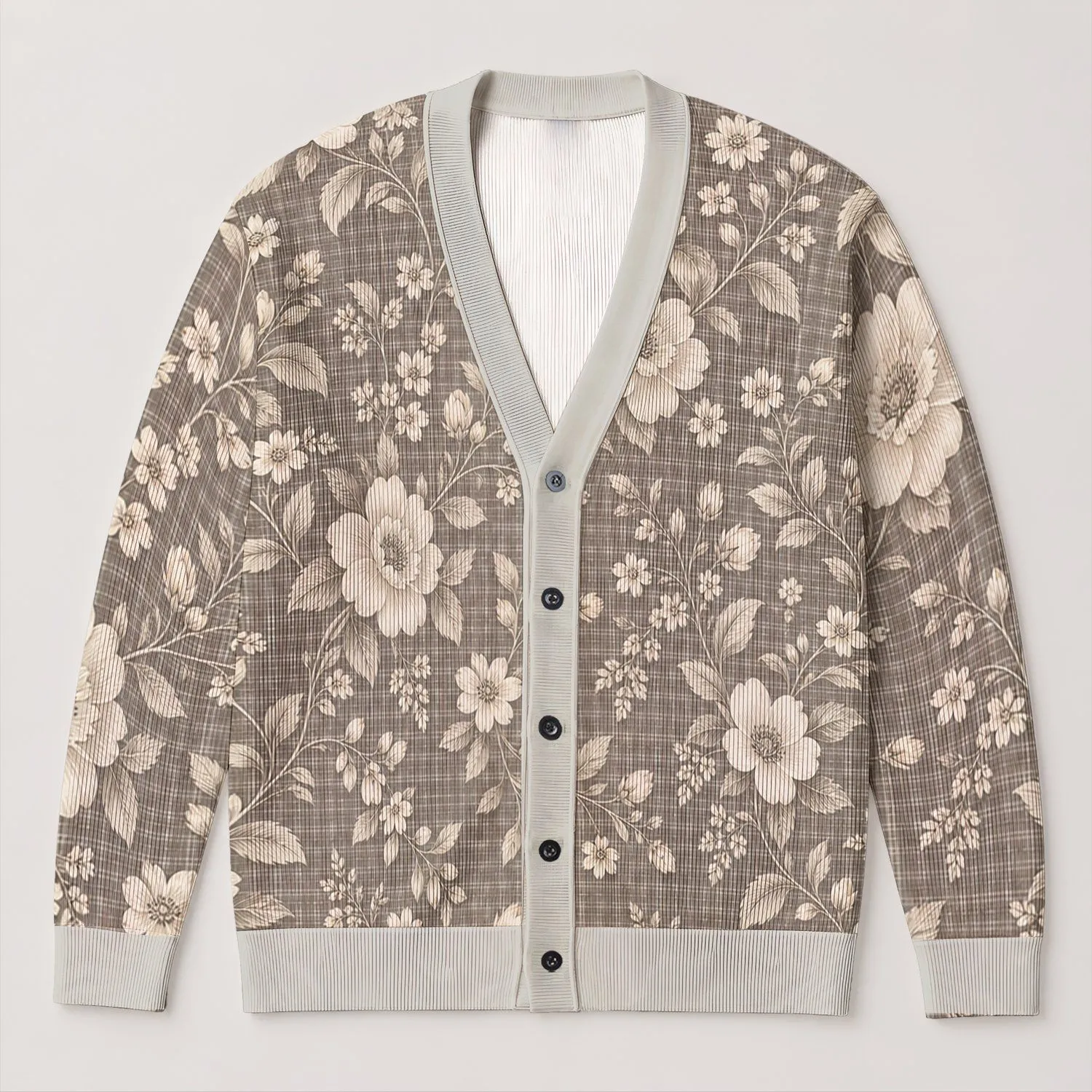 Ivory Botanical Blossoms on Taupe Plaid for Cozy Everyday Layering and Weekend Style All-over Print Knitted Cardigan - 1