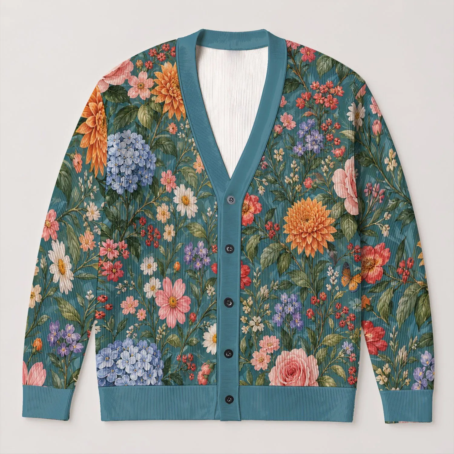 Teal Botanical Blooms For Relaxed Autumn Layering And Everyday Feminine Style Wardrobe All-over Print Knitted Cardigan - 1