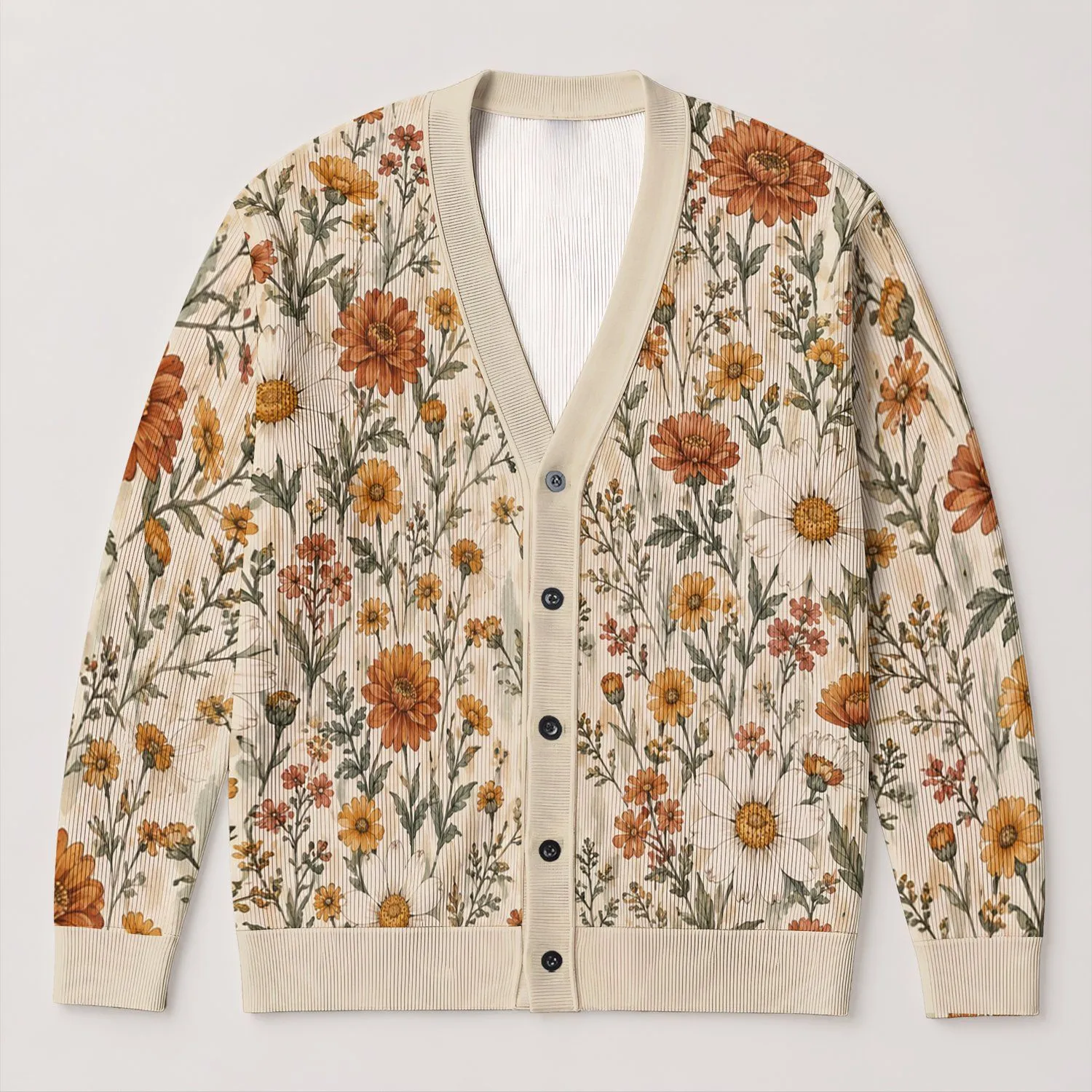 Rust Wildflower Meadow Motifs for Relaxed Everyday Layering, Women’s Botanical Style All-over Print Knitted Cardigan - 1