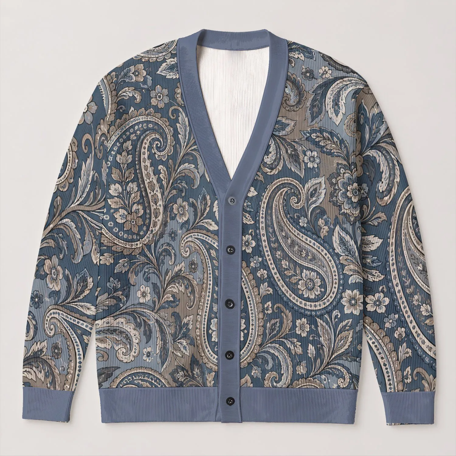 Blue Gray Paisley Florals for Relaxed Everyday Layering and Youthful Weekend Style All-over Print Knitted Cardigan - 1