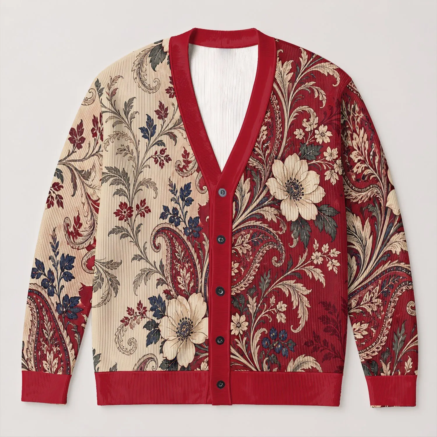Burgundy Paisley Florals for Relaxed Autumn Layering and Everyday Bohemian Weekend Style All-over Print Knitted Cardigan - 1