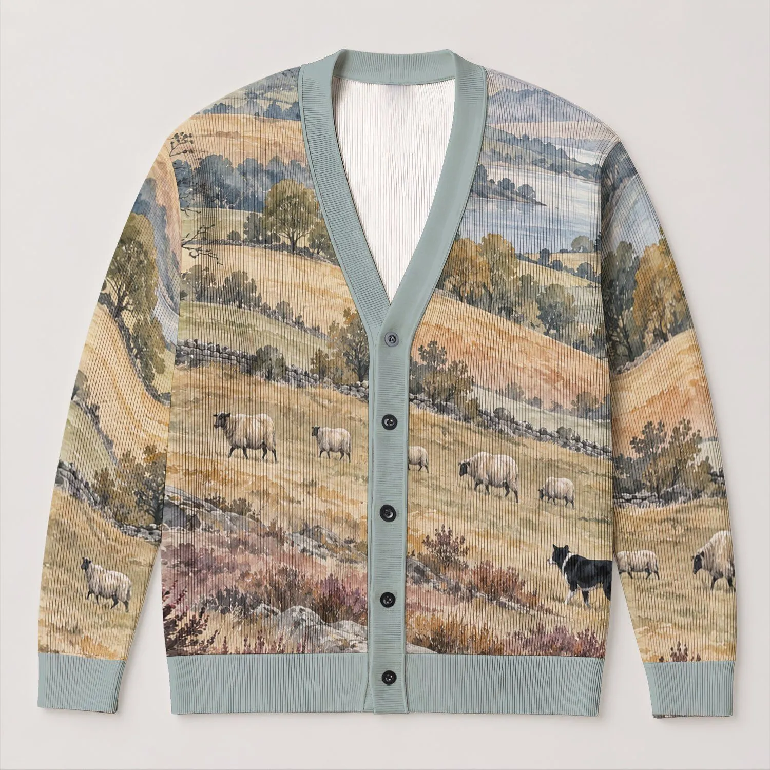 Watercolor Highland Sheep And Black Dog Scene For Cozy Countryside Weekend Layering All-over Print Knitted Cardigan - 1