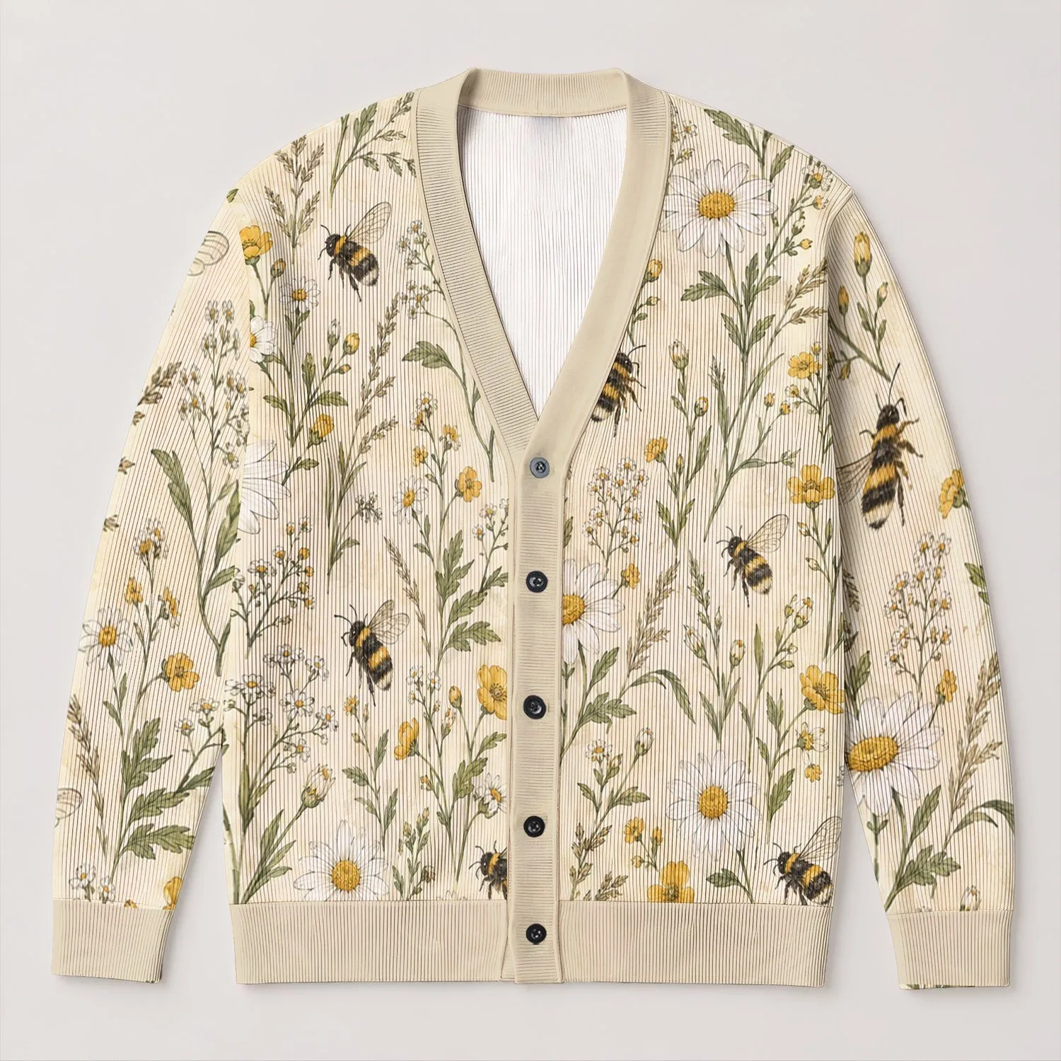 Bumblebee Daisy Meadow Motif for Relaxed Cottagecore Layering and Everyday Style All-over Print Knitted Cardigan - 1