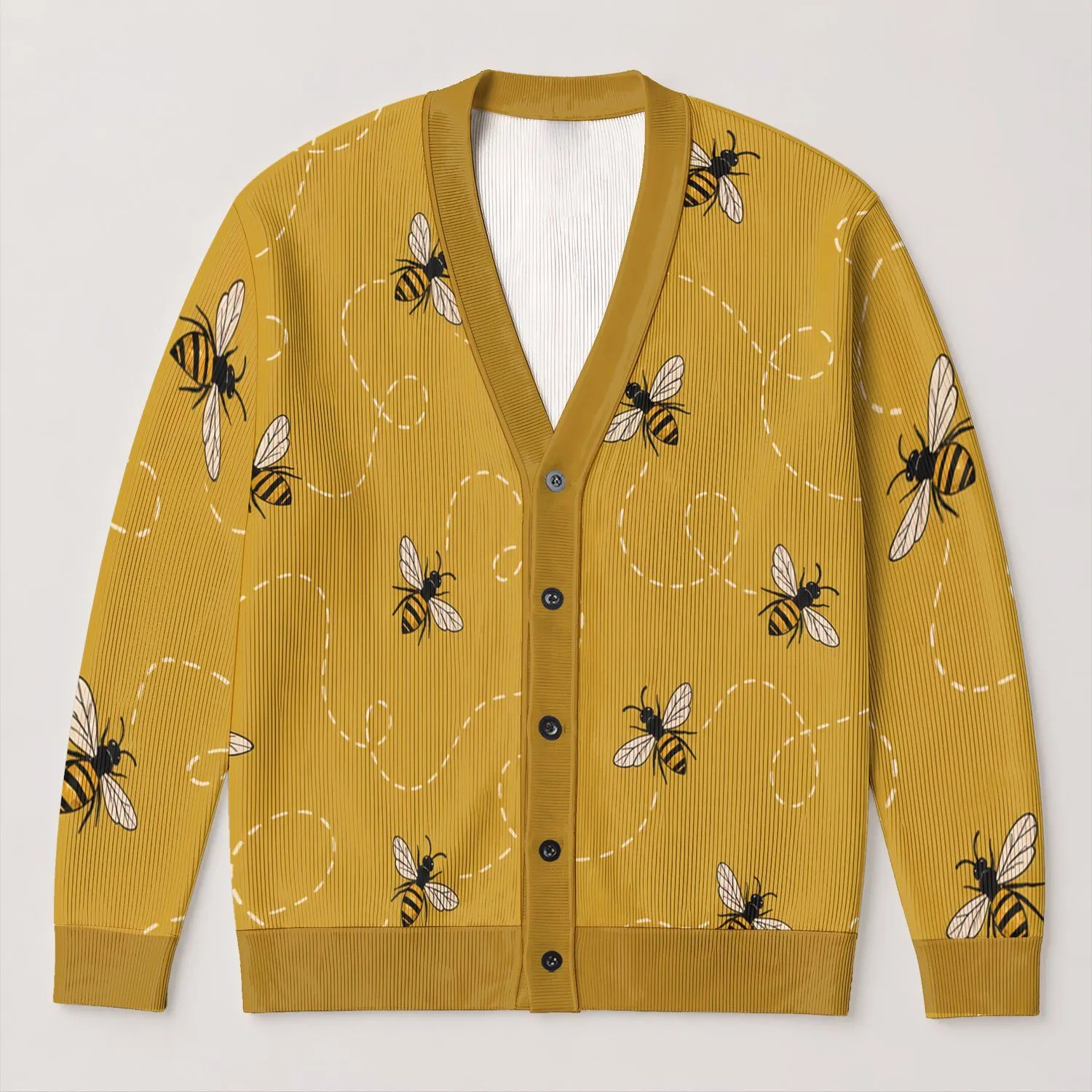 Honey Bees and White Flight Trails for Relaxed Weekend Layering and Garden Strolls All-over Print Knitted Cardigan - 1