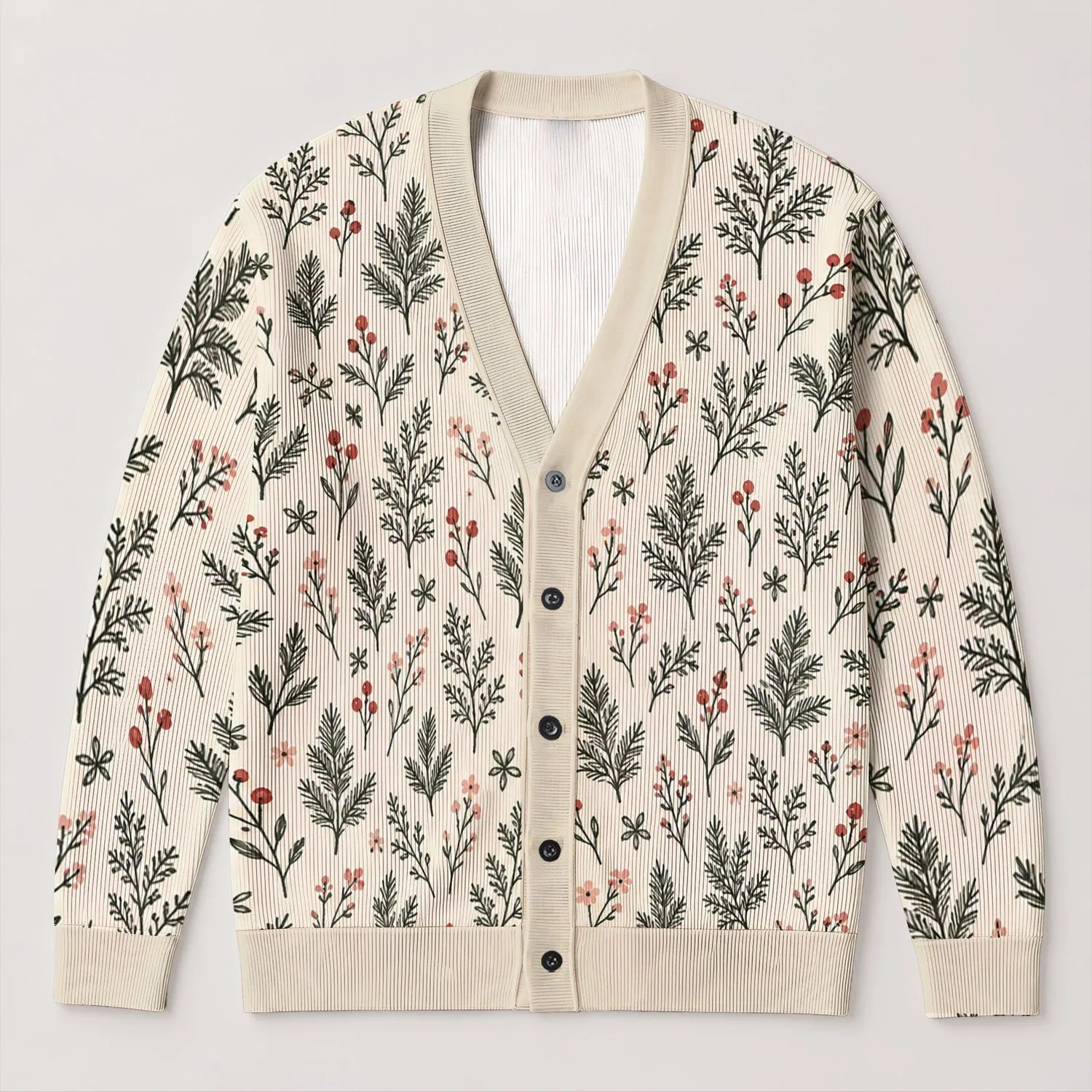 Delicate Evergreen Sprigs and Rosebud Accents for Cozy Everyday Layering for Women All-over Print Knitted Cardigan - 1