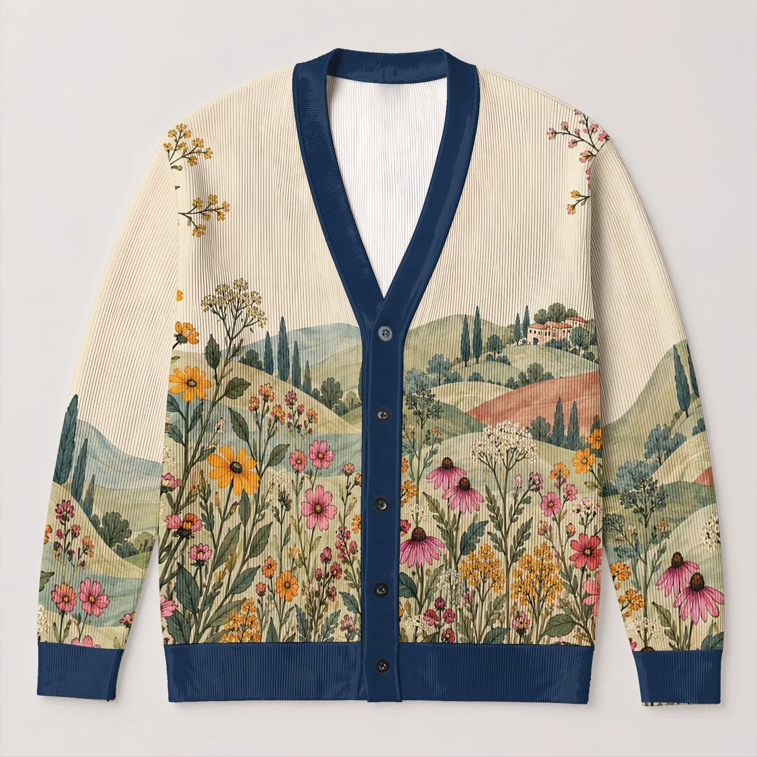 Bohemian Wildflower Meadow with Folk Bands for Vacation Layering, Women's Everyday Style All-over Print Knitted Cardigan - 1