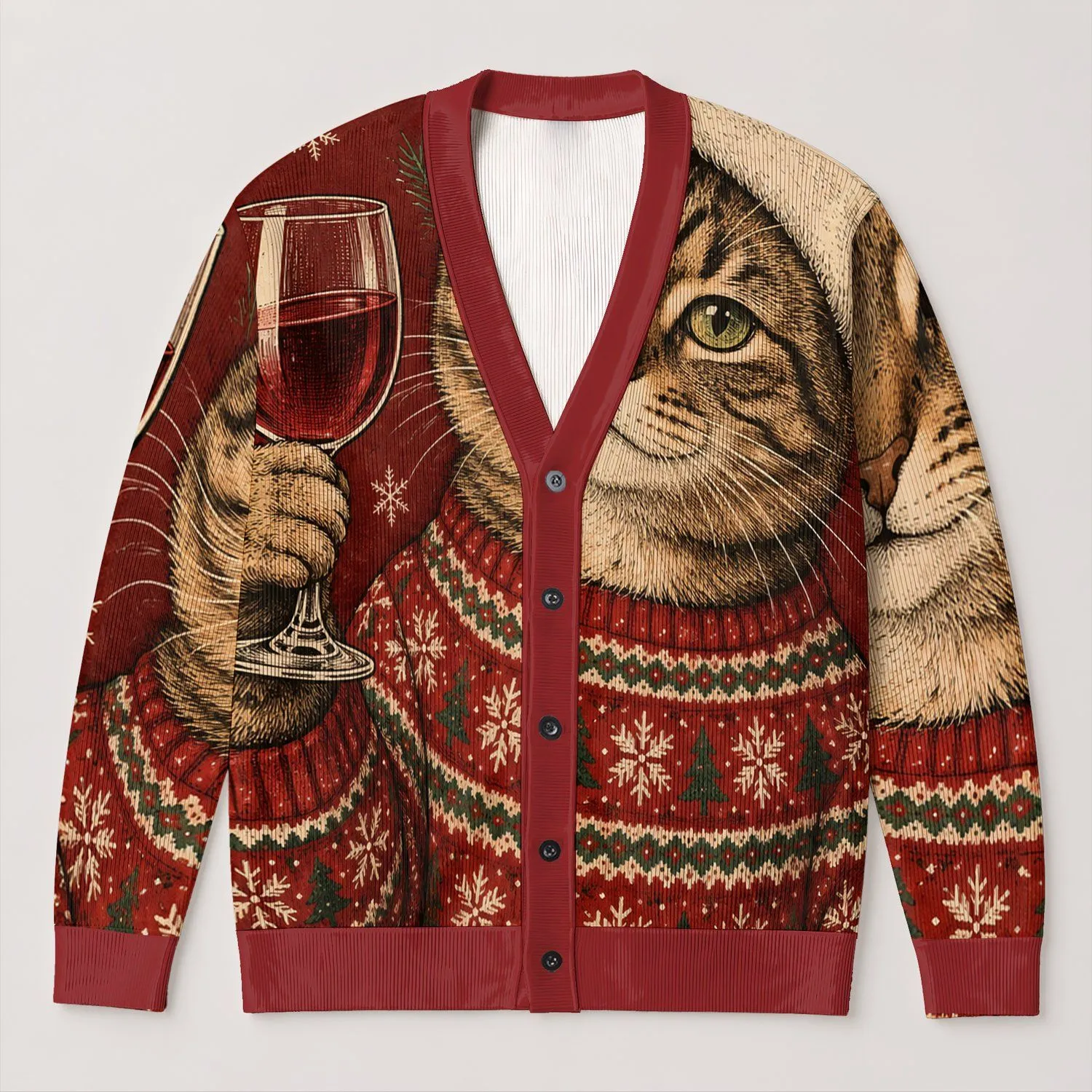 Christmas Cat Holding Wine Glass for Cozy Holiday Gatherings, Women’s Seasonal Gift All-over Print Knitted Cardigan - 1