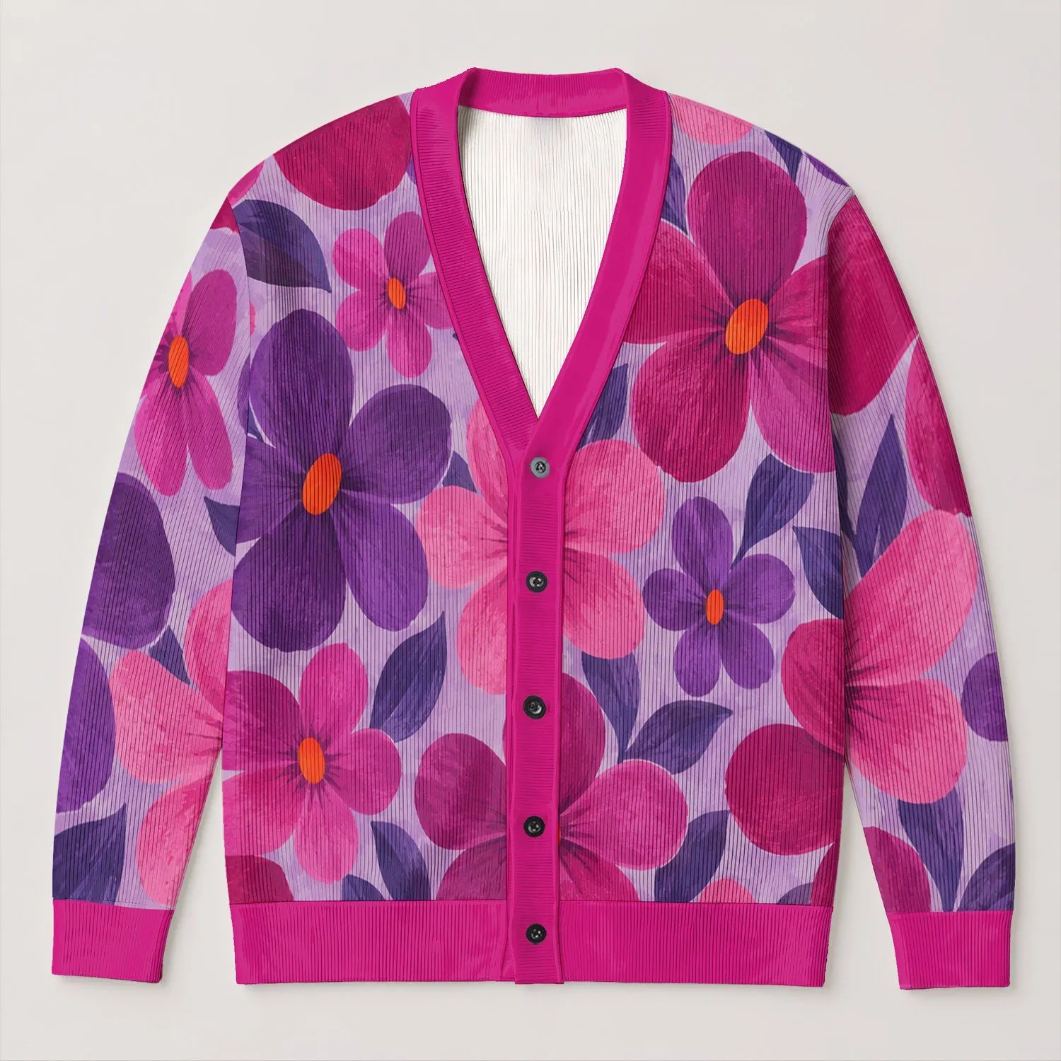 Vibrant Magenta Floral Blooms for Colorful Everyday Layering, Artful Style, and Women All-over Print Knitted Cardigan - 1