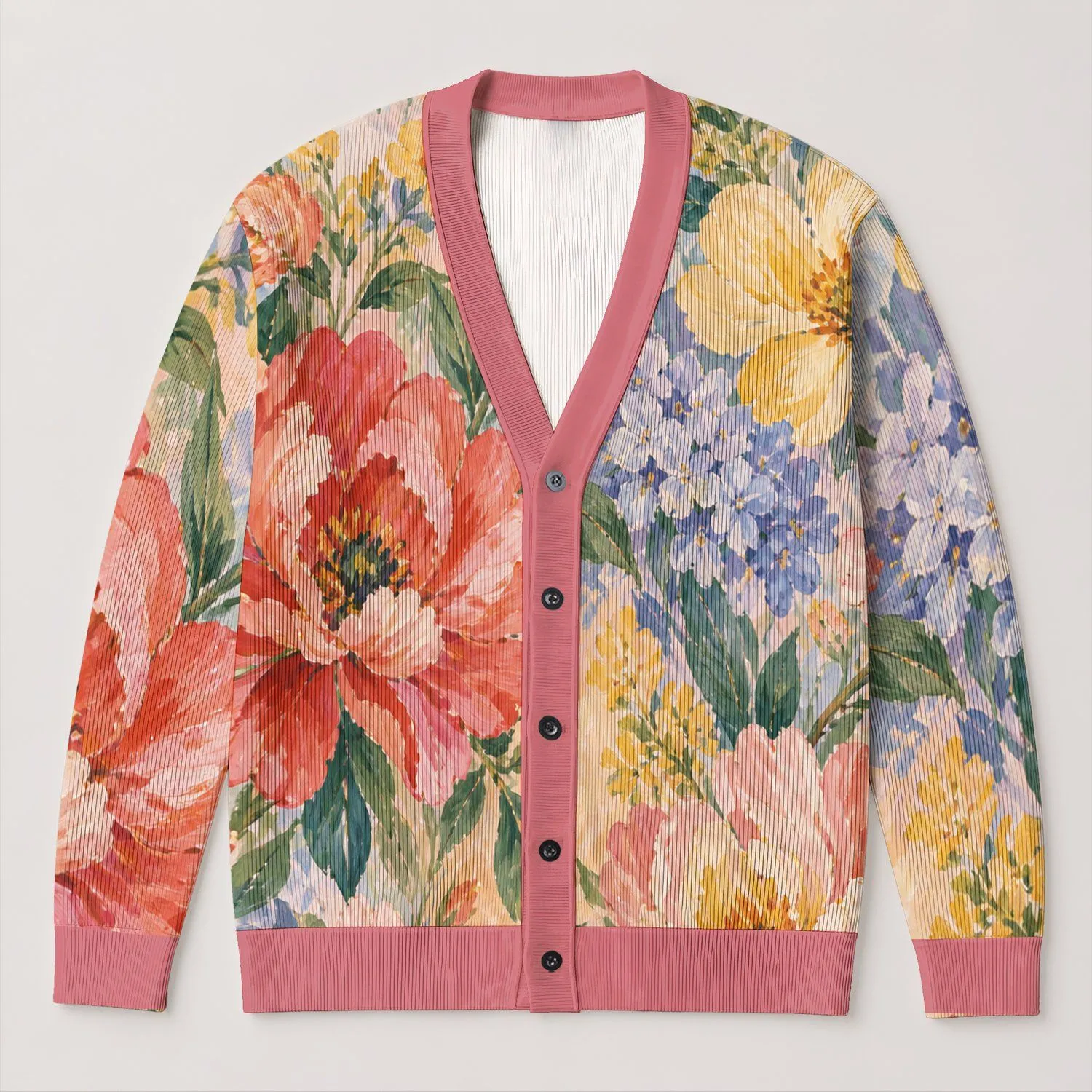 Vintage Impressionist Floral Blooms for Office Casual Fall Layering Women's Wardrobe All-over Print Knitted Cardigan - 1