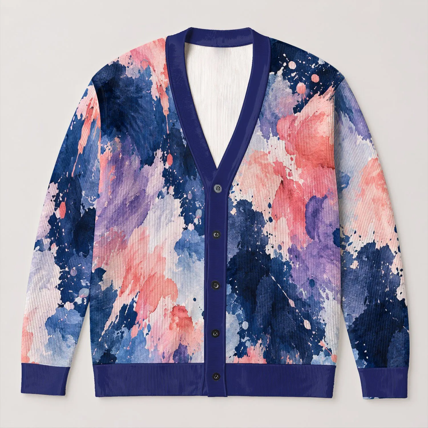 Abstract Watercolor Splashes for Travel Style and Creative Everyday Layering Looks All-over Print Knitted Cardigan - 1