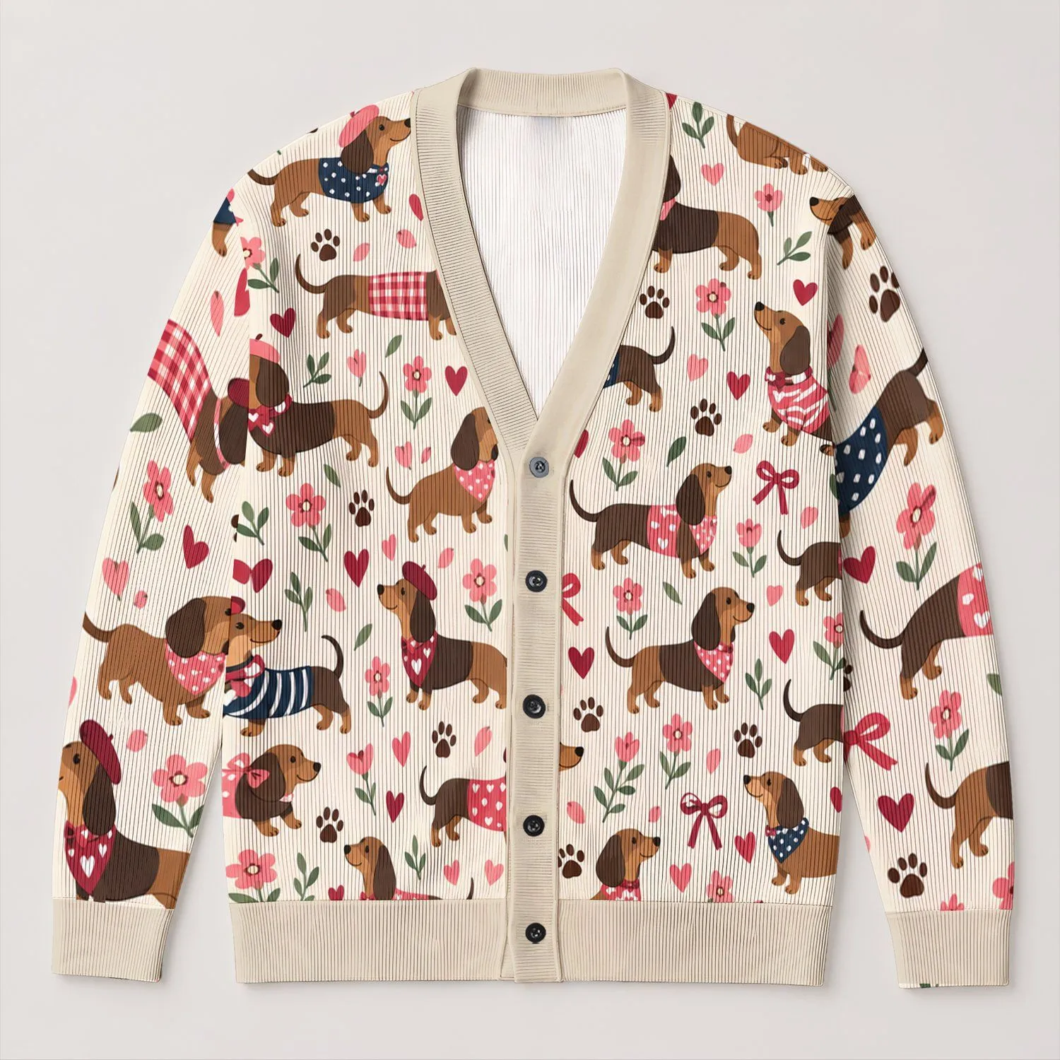 Dachshund Hearts, Bows And Floral Motifs For Cozy Everyday Layering, Dog Lover Gift All-over Print Knitted Cardigan - 1