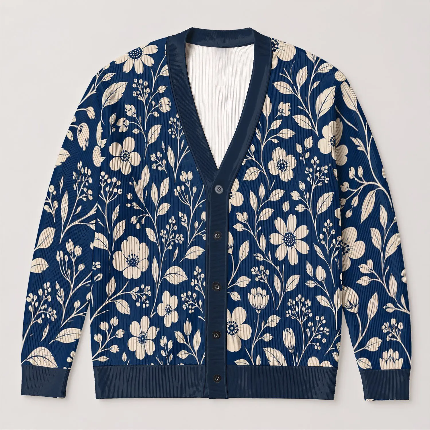 Navy Floral Botanical Motifs for Casual Layering and Everyday Women's Weekend Style All-over Print Knitted Cardigan - 1
