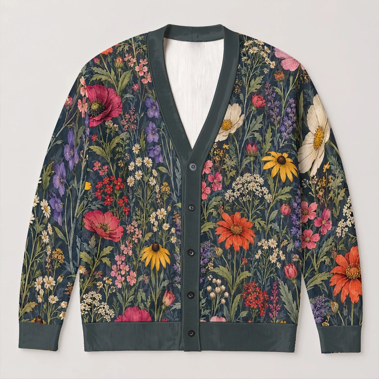 Dense Wildflower Meadow Motifs for Casual Layering and Everyday Women's Wardrobe All-over Print Knitted Cardigan - 1