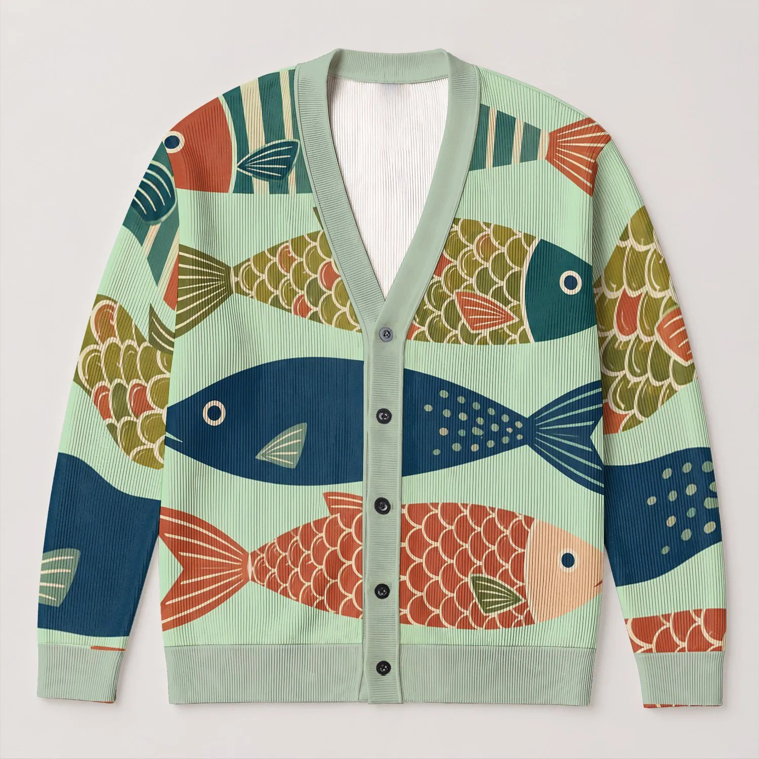 Colorful Fish Motifs for Coastal Everyday Layering, Relaxed Sea Lover Style Outfits All-over Print Knitted Cardigan - 1