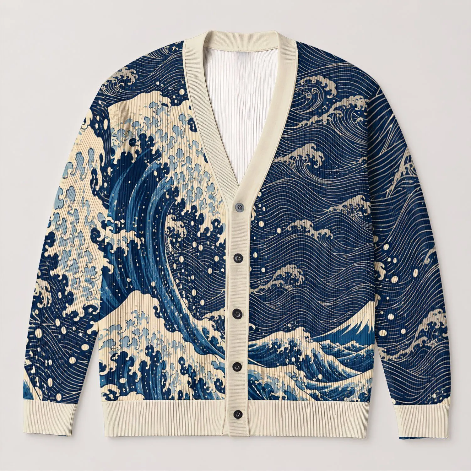 Indigo Ocean Waves With Japanese Coastal Style For Relaxed Everyday Layering Women All-over Print Knitted Cardigan - 1