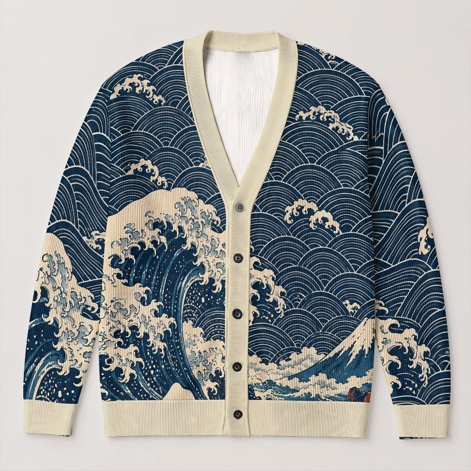 Indigo Ocean Waves and Snowy Peaks for Relaxed Coastal Weekend Layering Outfits All-over Print Knitted Cardigan - 1