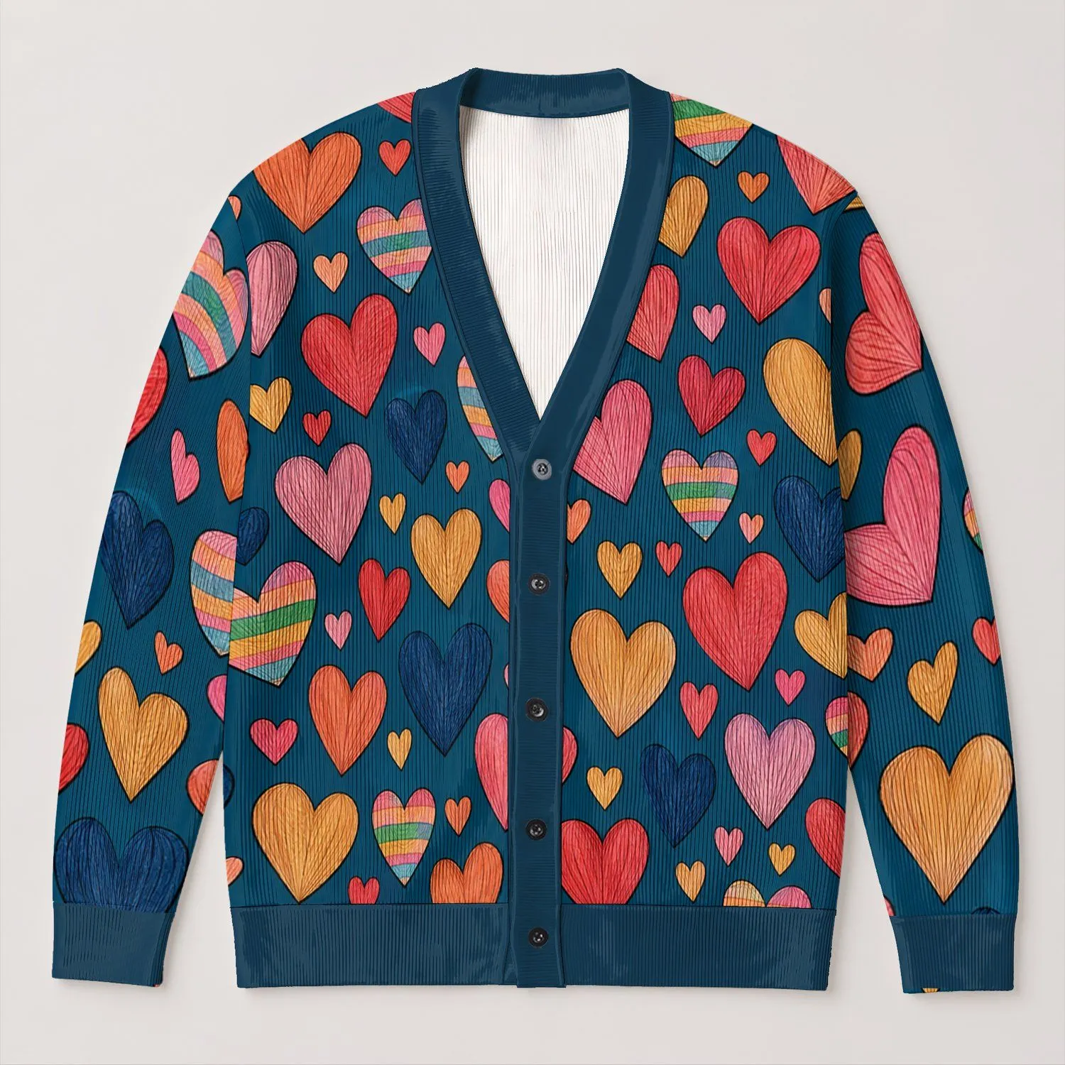 Colorful Heart Motif For Casual Autumn Layering, Youthful Everyday Love Style Outfits All-over Print Knitted Cardigan - 1