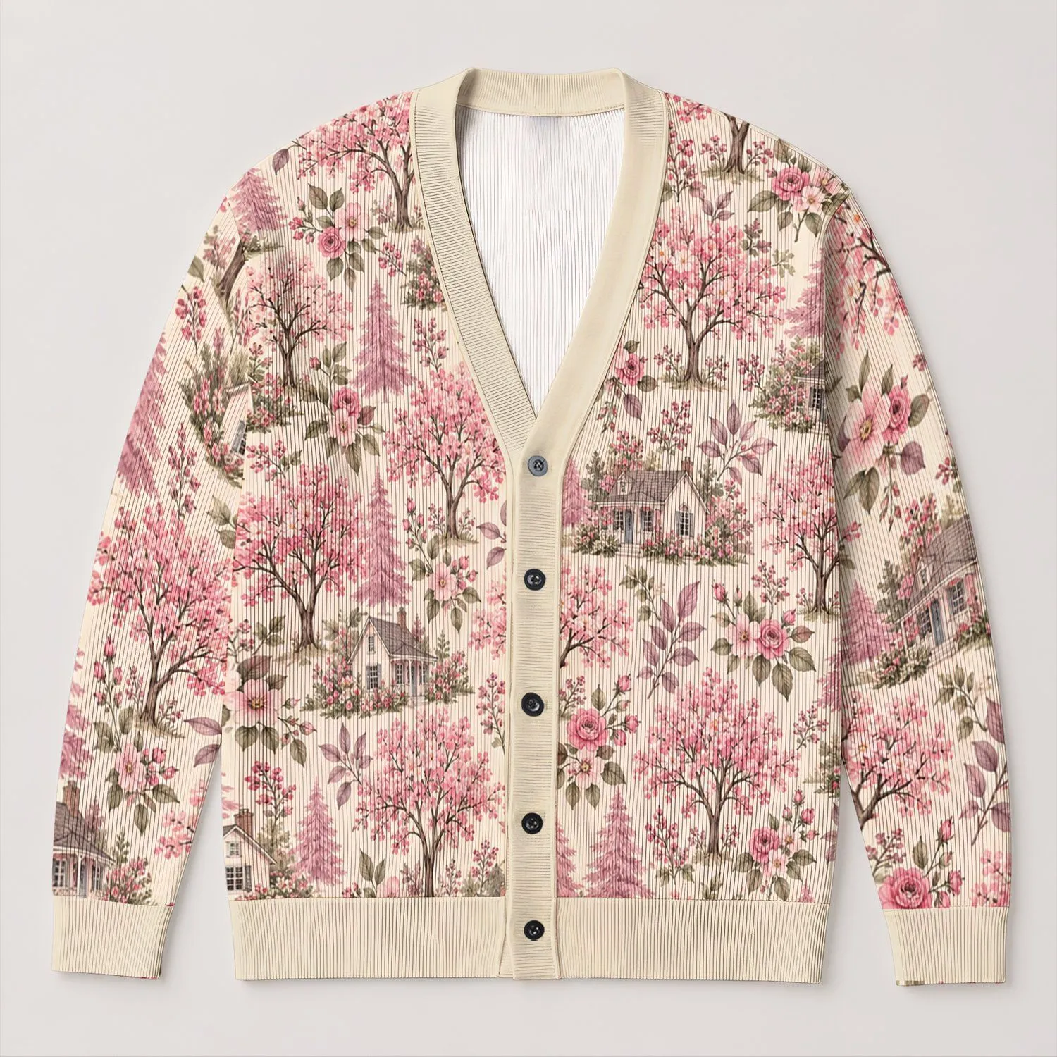 Pink Blossom Cottage Trees for Soft Spring Layering and Everyday Garden Style Lovers All-over Print Knitted Cardigan - 1
