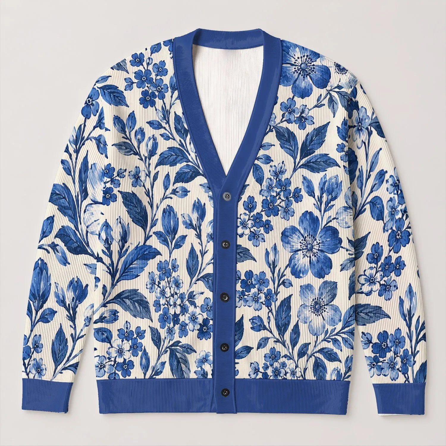 Blue Botanical Blooms For Relaxed Everyday Layering, Weekend Strolls, And Garden Lovers All-over Print Knitted Cardigan - 1