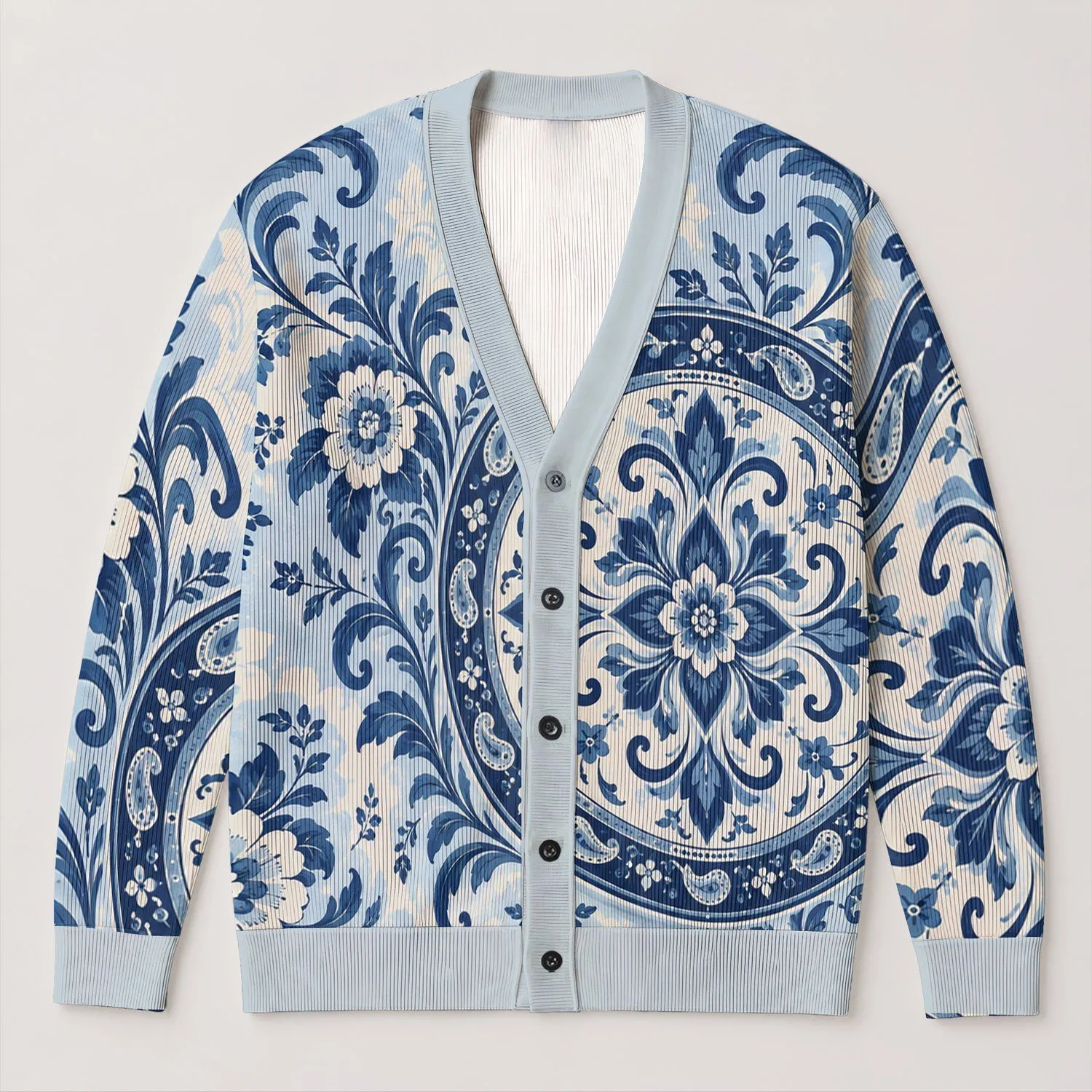 Navy Ornamental Medallion for Relaxed Spring Layering and Effortless Bohemian Style All-over Print Knitted Cardigan - 1
