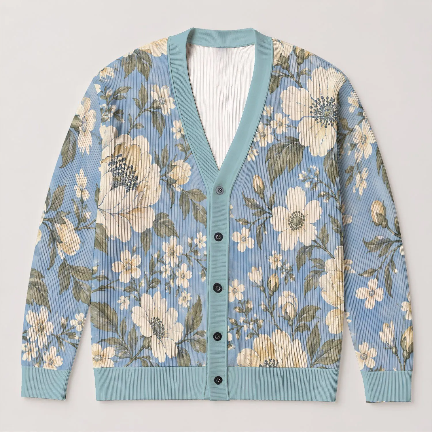 Blue Cream Floral Blooms for Relaxed Layering and Everyday Cottage Style All-over Print Knitted Cardigan - 1
