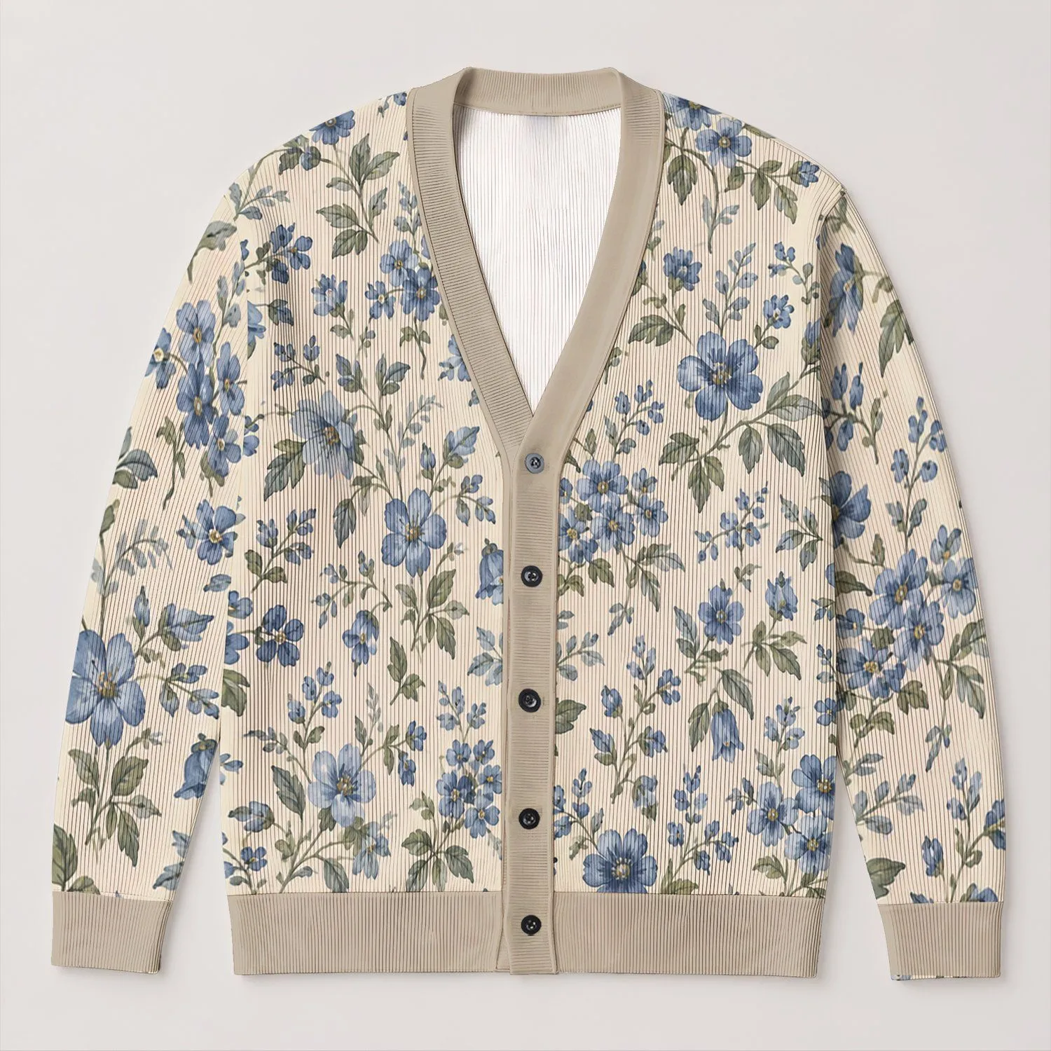 Blue Wildflower Garden for Relaxed Layering, Weekend Outings, and Cottagecore Style All-over Print Knitted Cardigan - 1