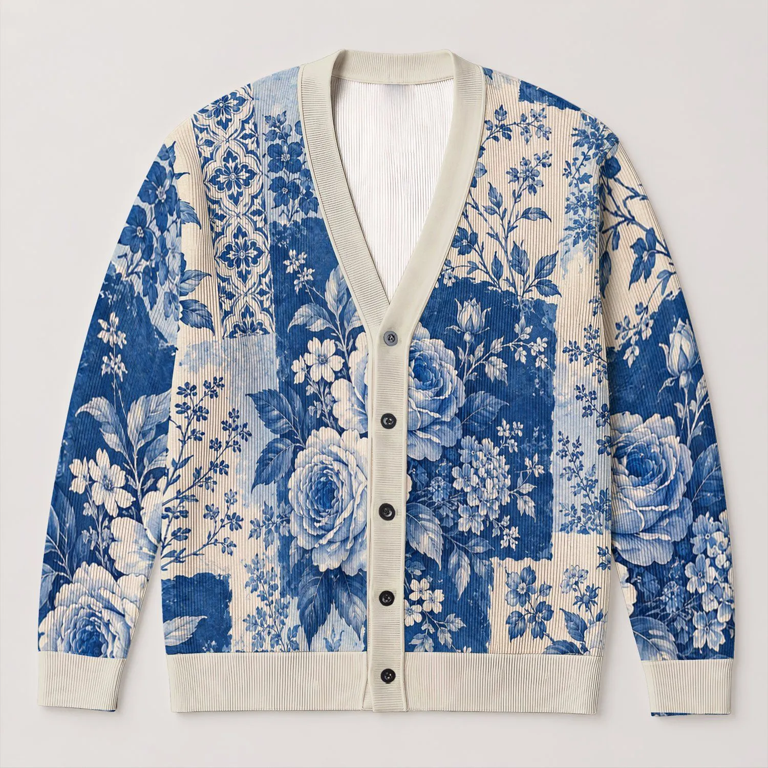 Blue And White Floral Patchwork Blooms For Relaxed Everyday Layering And Cottage Women All-over Print Knitted Cardigan - 1