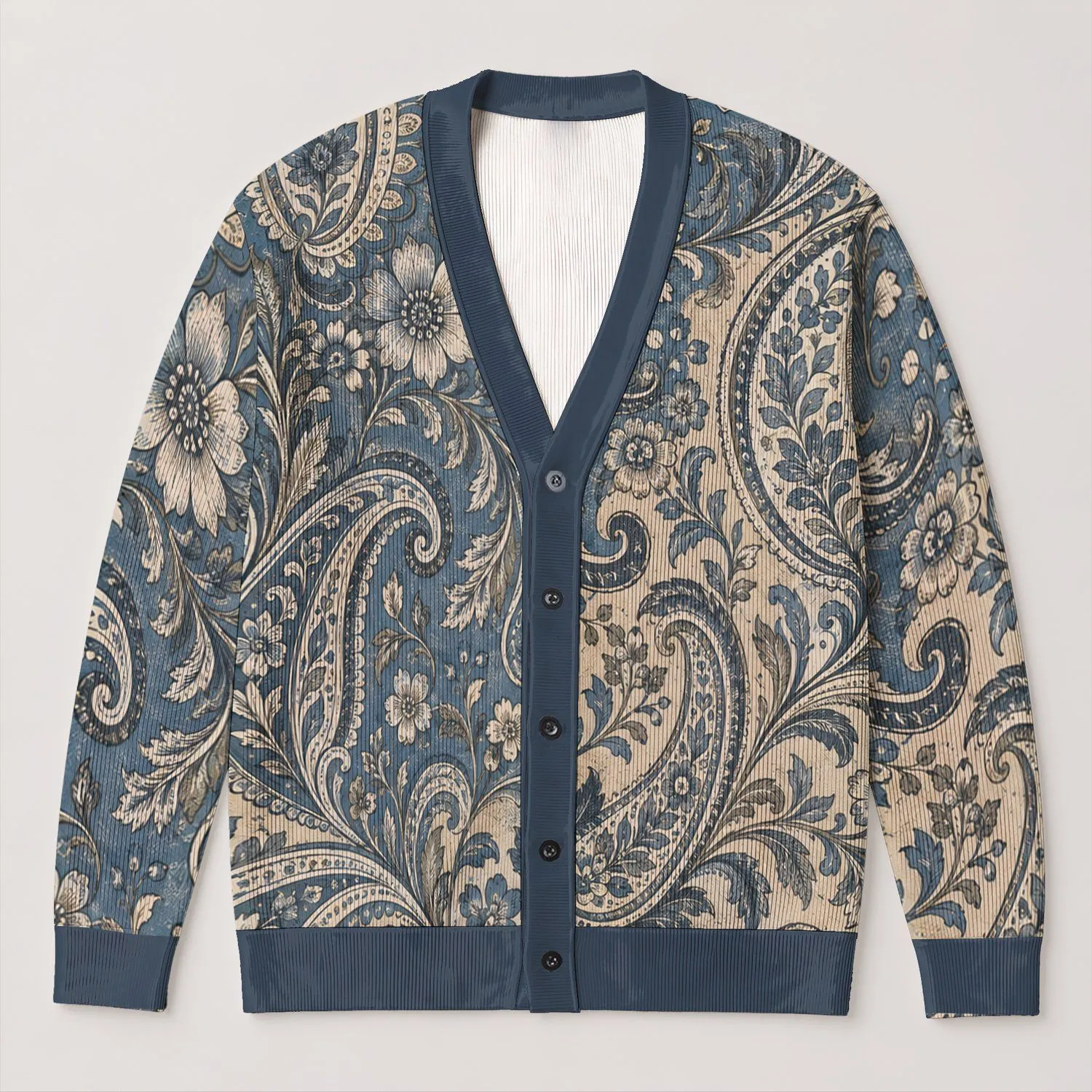 Blue Gray Paisley Florals For Office Layers And Relaxed Weekend Travel Wardrobes All-over Print Knitted Cardigan - 1