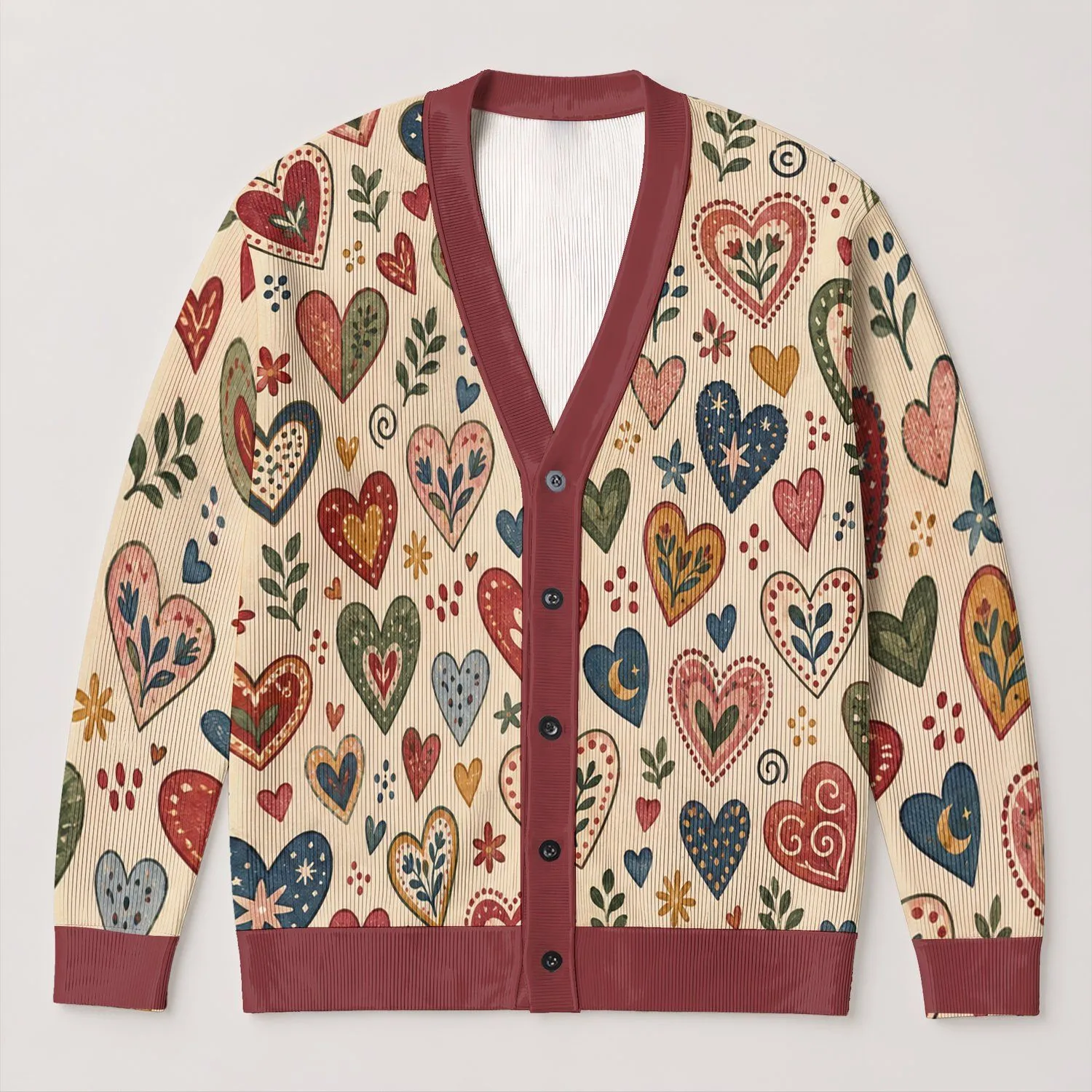 Colorful Hand-Drawn Heart Motifs for Romantic Everyday Layering and Creative Women All-over Print Knitted Cardigan - 1