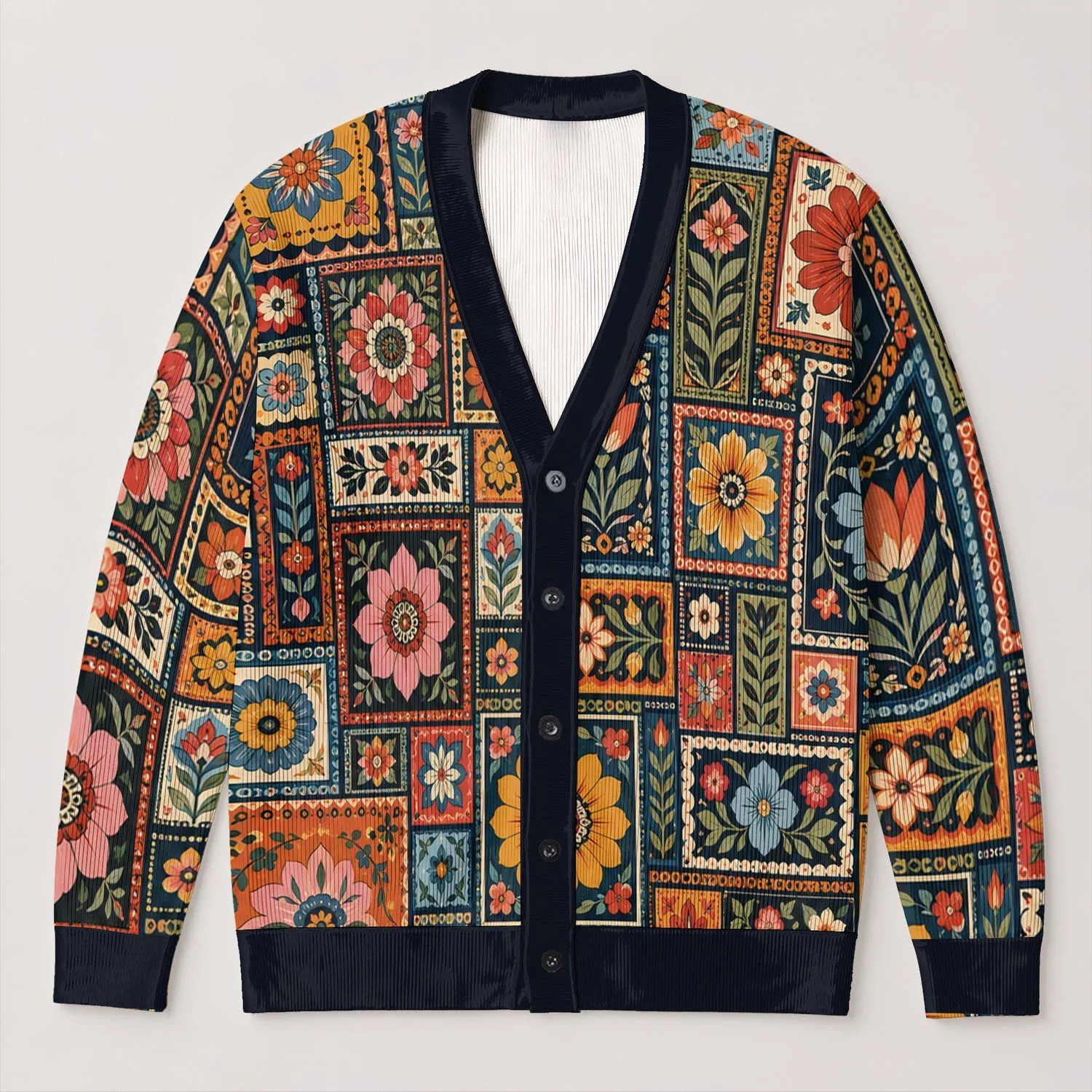 Women's Colorful Floral Square Motifs for Casual Layering and Boho Weekend Style All-over Print Knitted Cardigan - 1