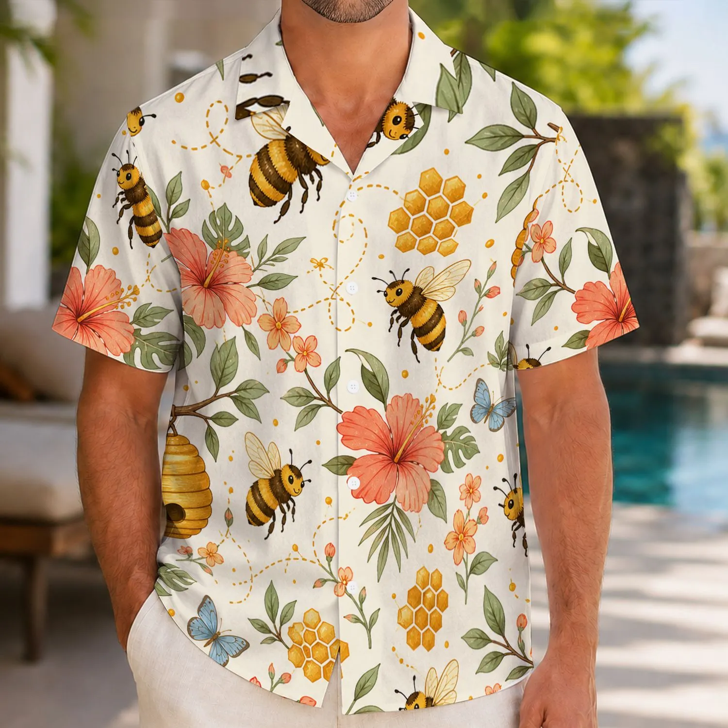 Honey Bee Garden Motifs for Sunny Island Getaways and Relaxed Summer Travel Days Hawaiian Shirt - 1