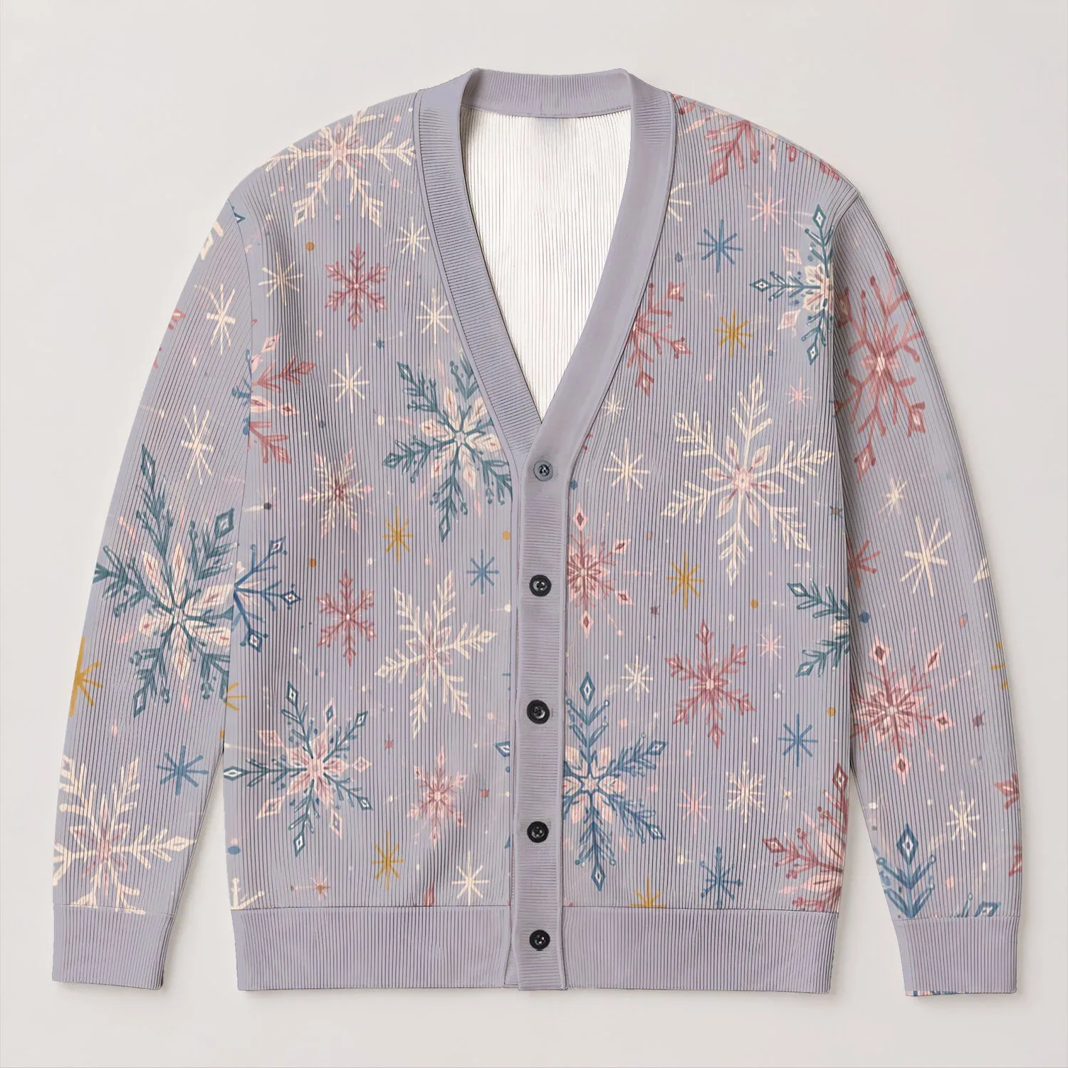 Pastel Snowflake Motifs For Cozy Winter Layering And Everyday Holiday Style Gifting All-over Print Knitted Cardigan - 1