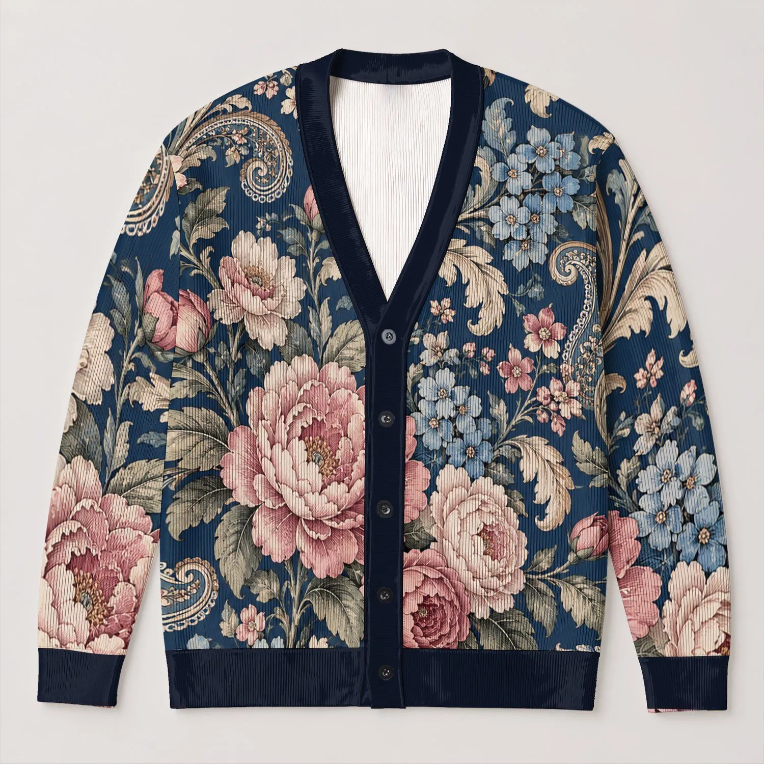 Baroque Floral Medallion Navy Layering Style for Romantic Everyday Wardrobe Dressing All-over Print Knitted Cardigan - 1