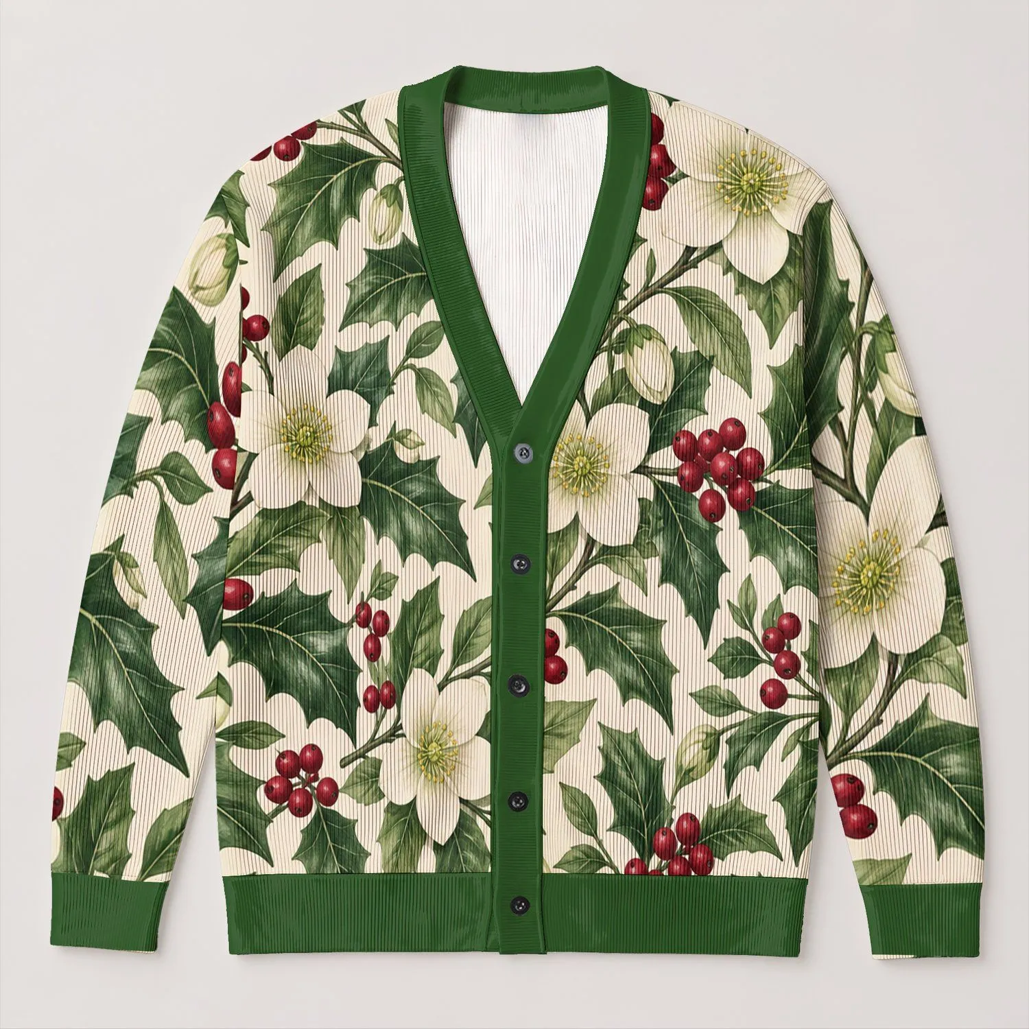 Green Holly Berry Floral Motif for Festive Layering and Everyday Holiday Wardrobes All-over Print Knitted Cardigan - 1