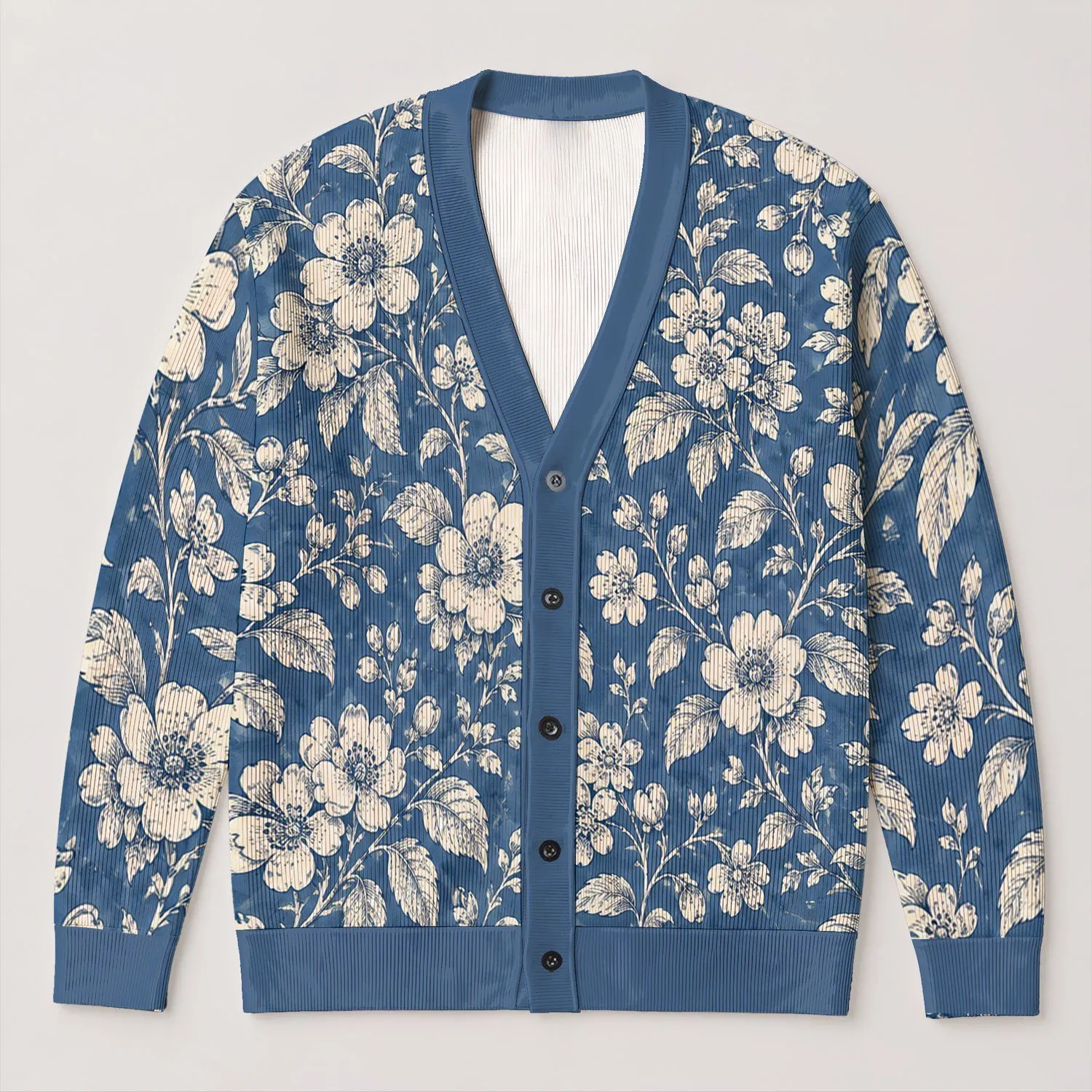 Blue Botanical Blooms for Relaxed Weekend Layering and Garden Strolls, Women’s Style All-over Print Knitted Cardigan - 1