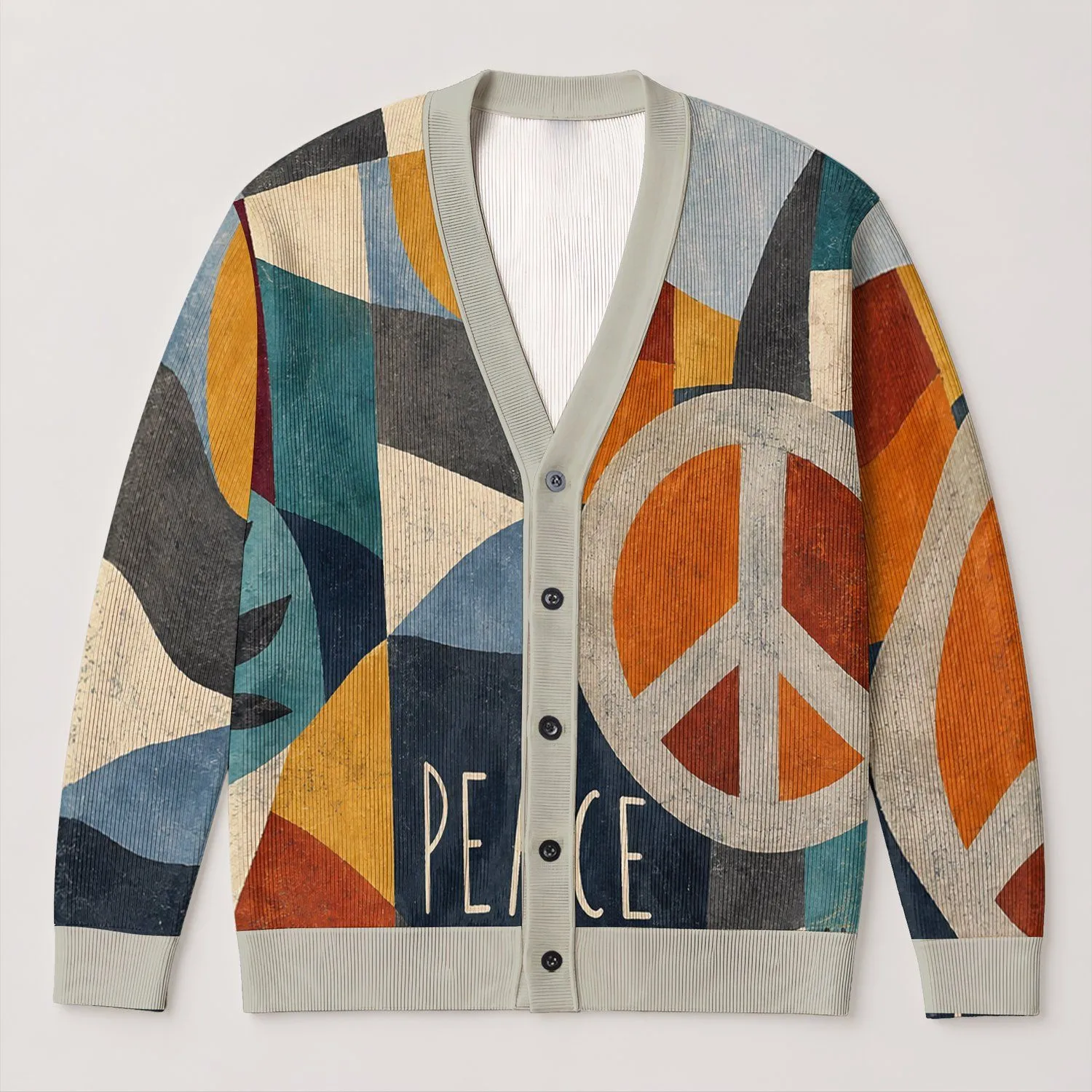 Color Block Peace Motif For Relaxed Spring Layering, Creative Everyday Wardrobe Style All-over Print Knitted Cardigan - 1