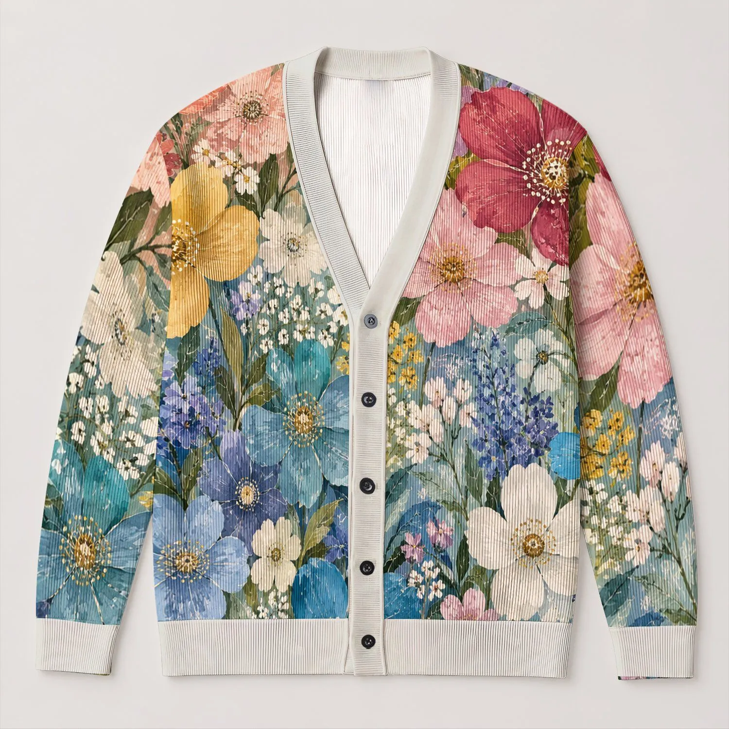 Colorful Wildflower Collage for Relaxed Everyday Layering and Garden-Inspired Style All-over Print Knitted Cardigan - 1