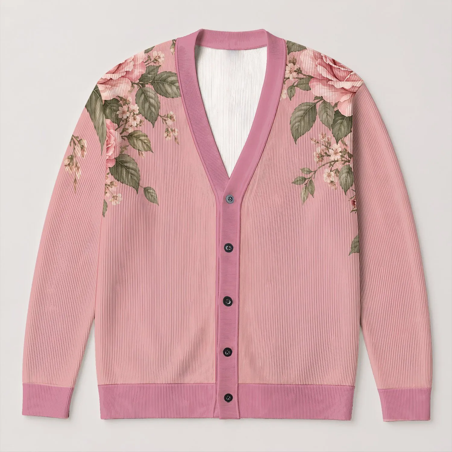 Vintage Pink Rose Floral Everyday Layering Style for Women, Romantic Boho Gift Idea All-over Print Knitted Cardigan - 1