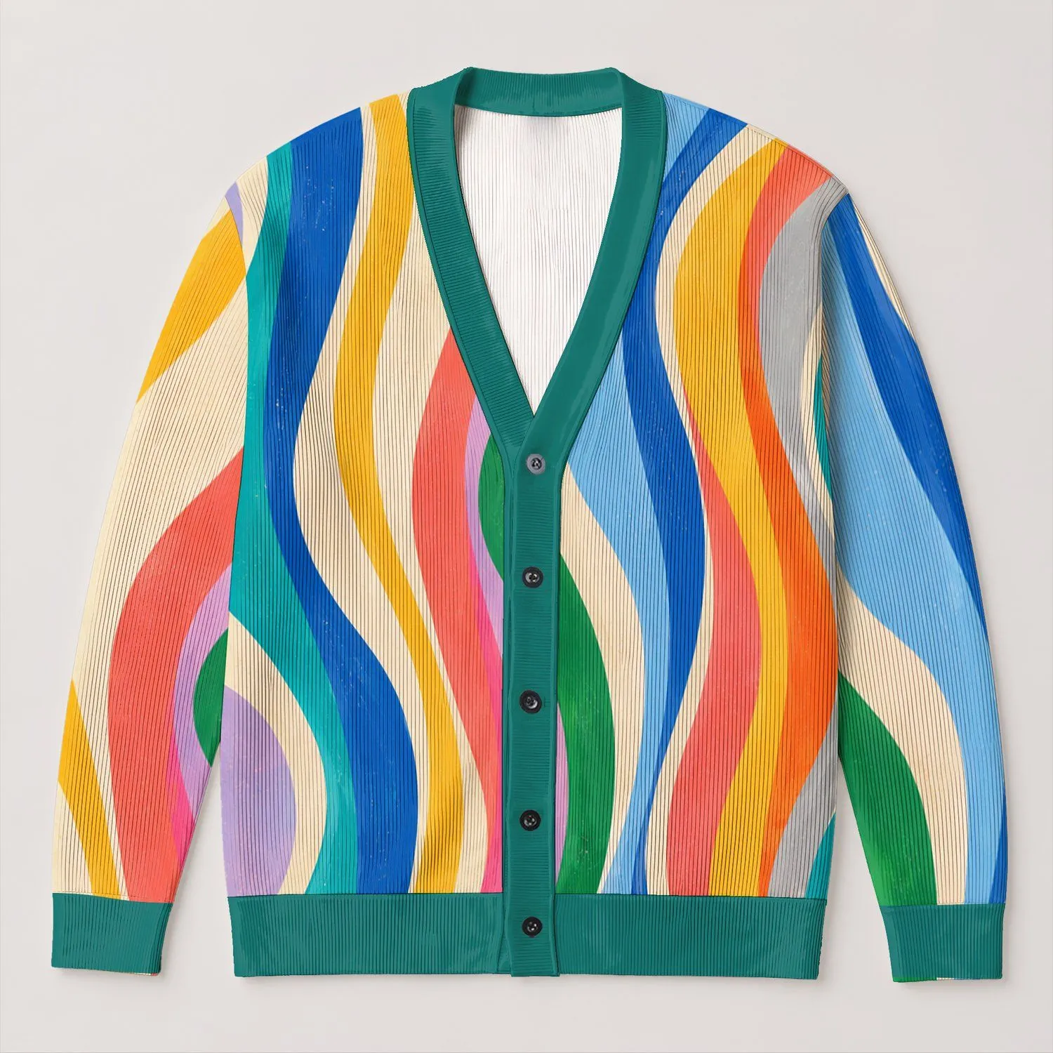 Rainbow Wave Stripes for Colorful Layering and Relaxed Weekend Streetwear Outfits All-over Print Knitted Cardigan - 1