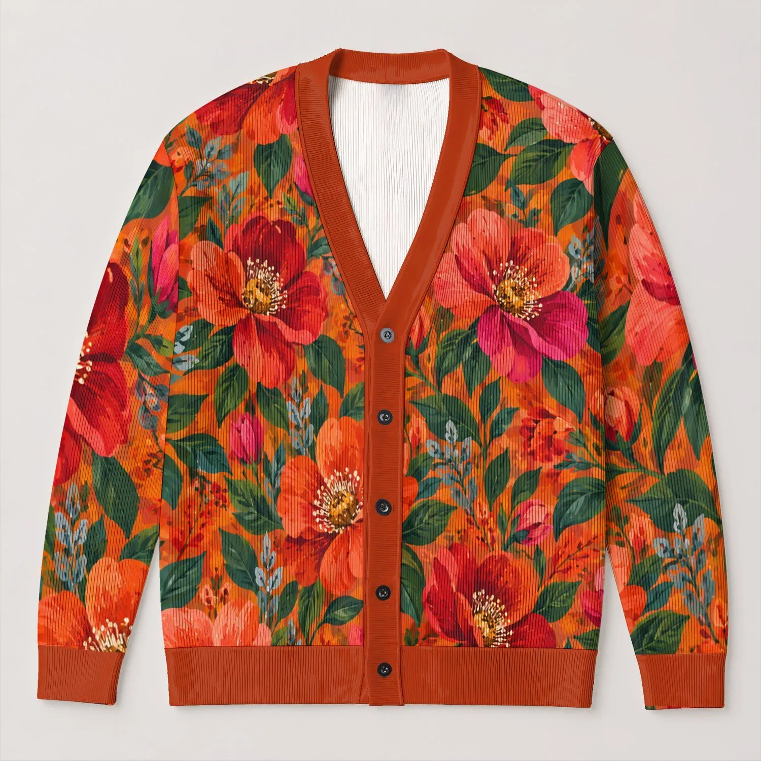 Vibrant Orange Floral Blooms For Colorful Everyday Layering And Garden Gatherings All-over Print Knitted Cardigan - 1