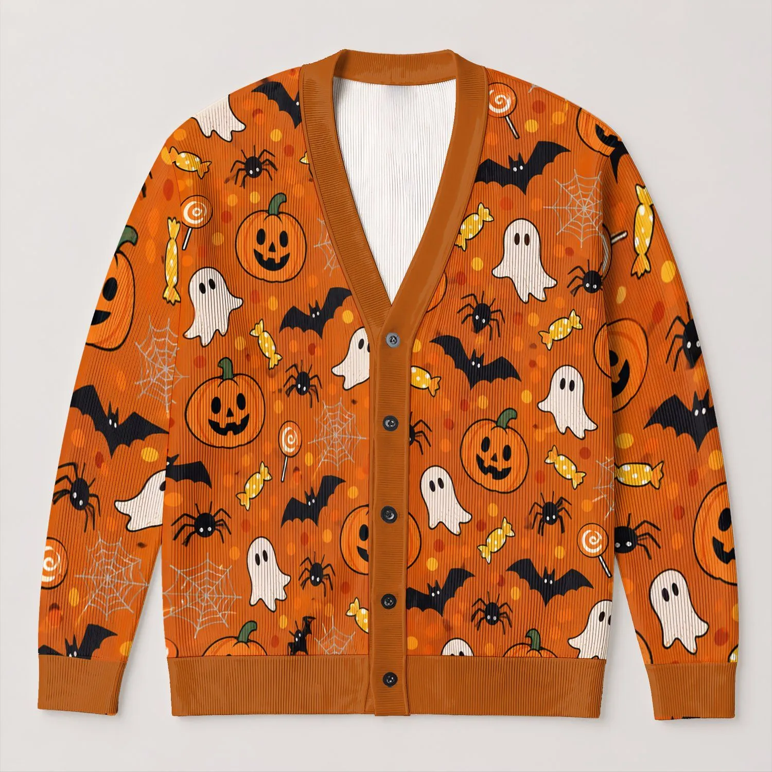 Grinning Pumpkin Ghosts And Bats For Halloween Nights And Cozy Autumn Gatherings All-over Print Knitted Cardigan - 1