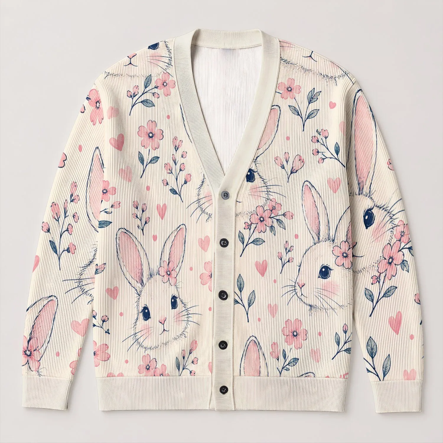Pastel Bunny Sweetheart Motif for Easter Layering and Everyday Spring Style Women All-over Print Knitted Cardigan - 1
