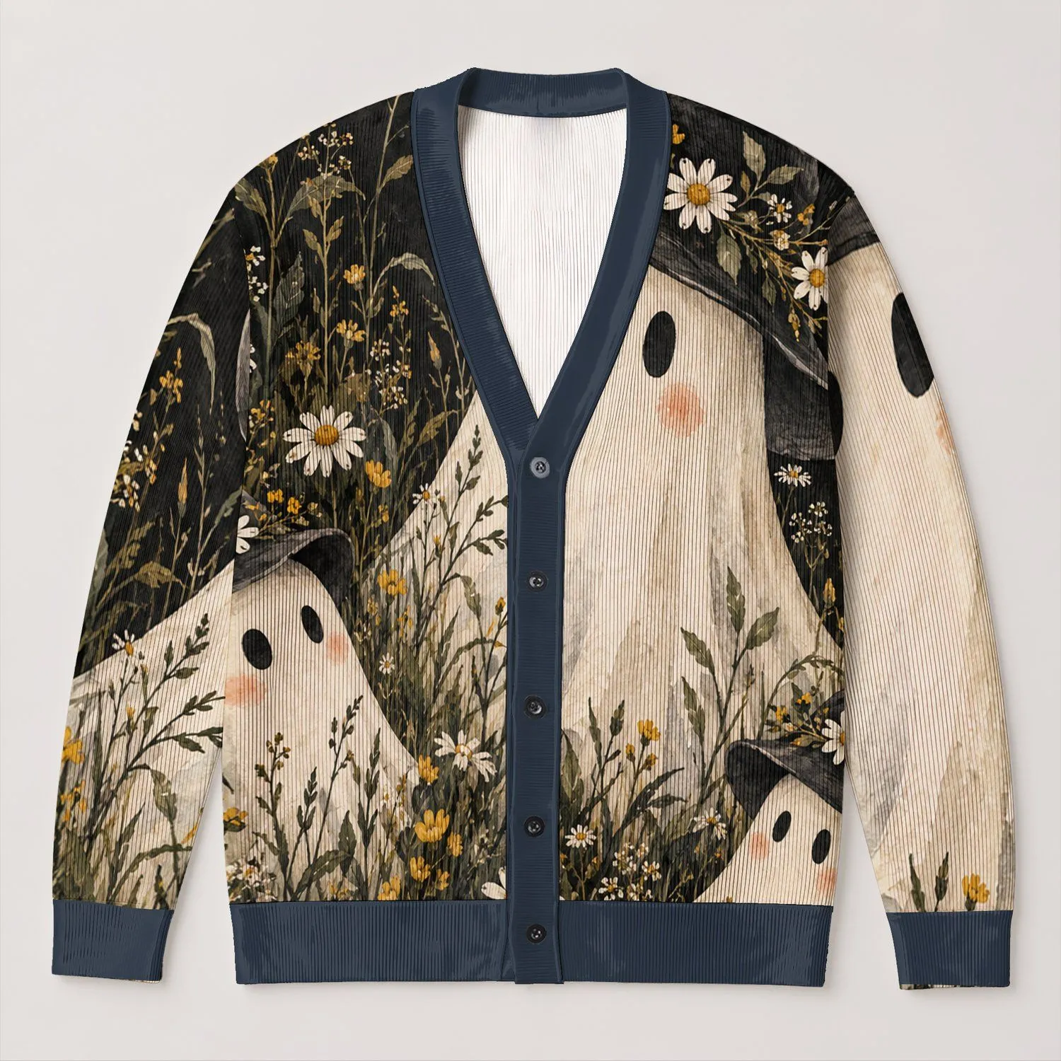 Whimsical Ghost Witch Daisies For Cozy Autumn Halloween Layering And Fall Outings All-over Print Knitted Cardigan - 1